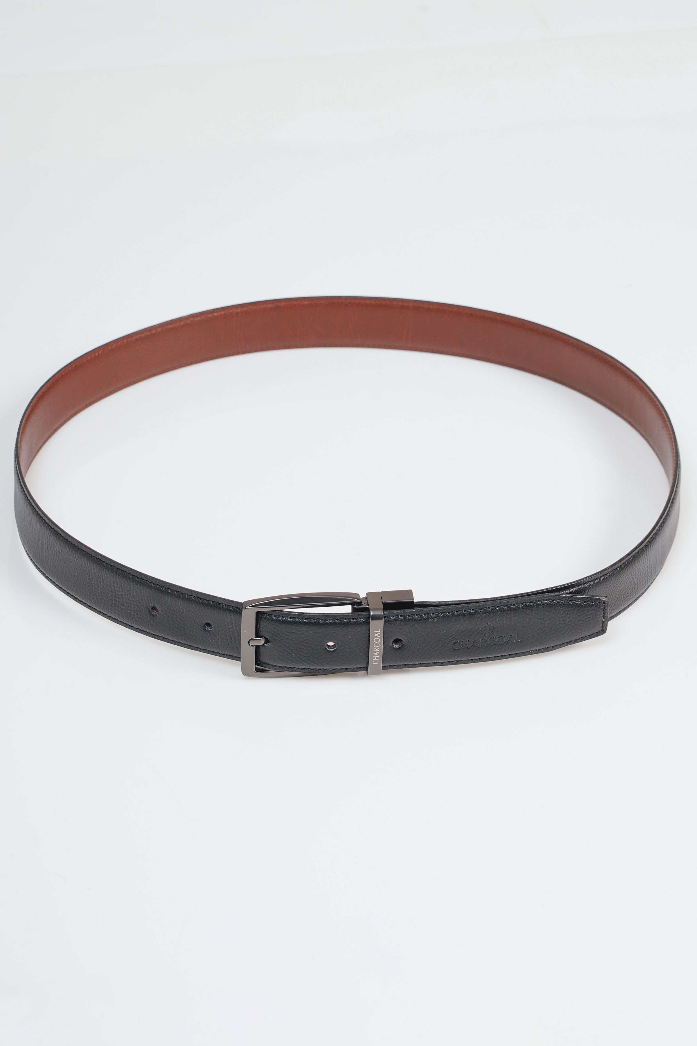 Reversible leather belt with two-tone sides in brown and dark gray, metal buckle