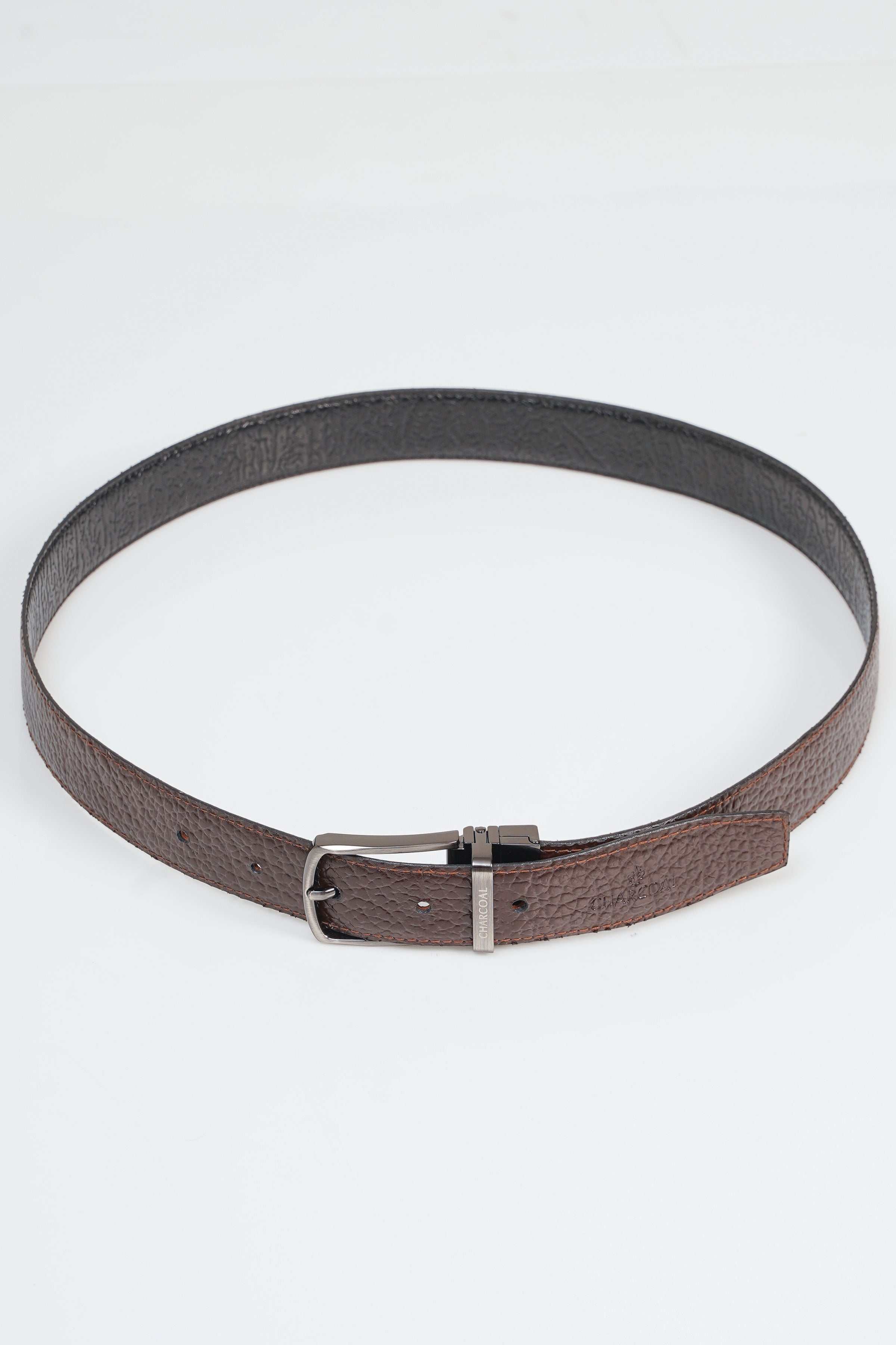 Brown leather belt with silver-tone buckle.