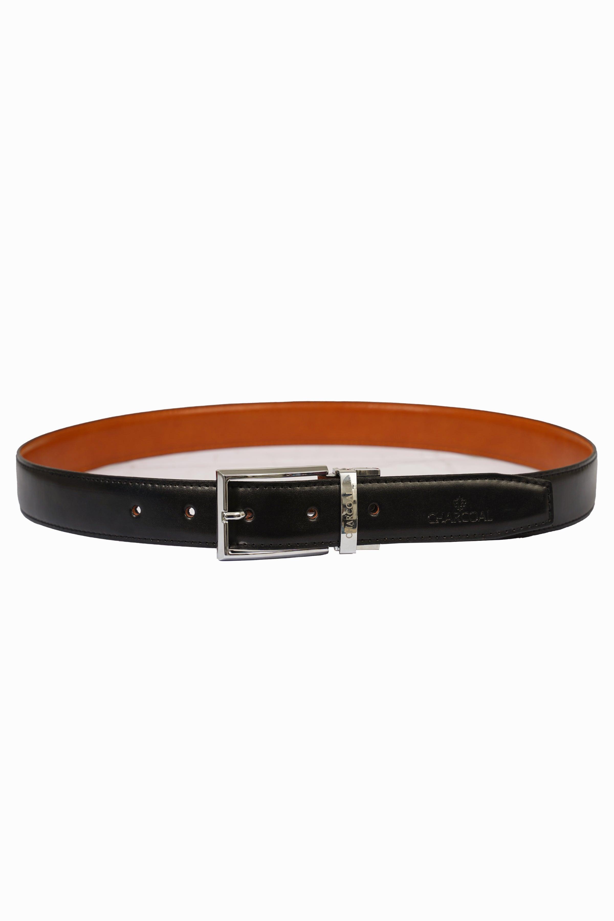 Reversible belt, orange front with black edge, silver metal buckle and keeper