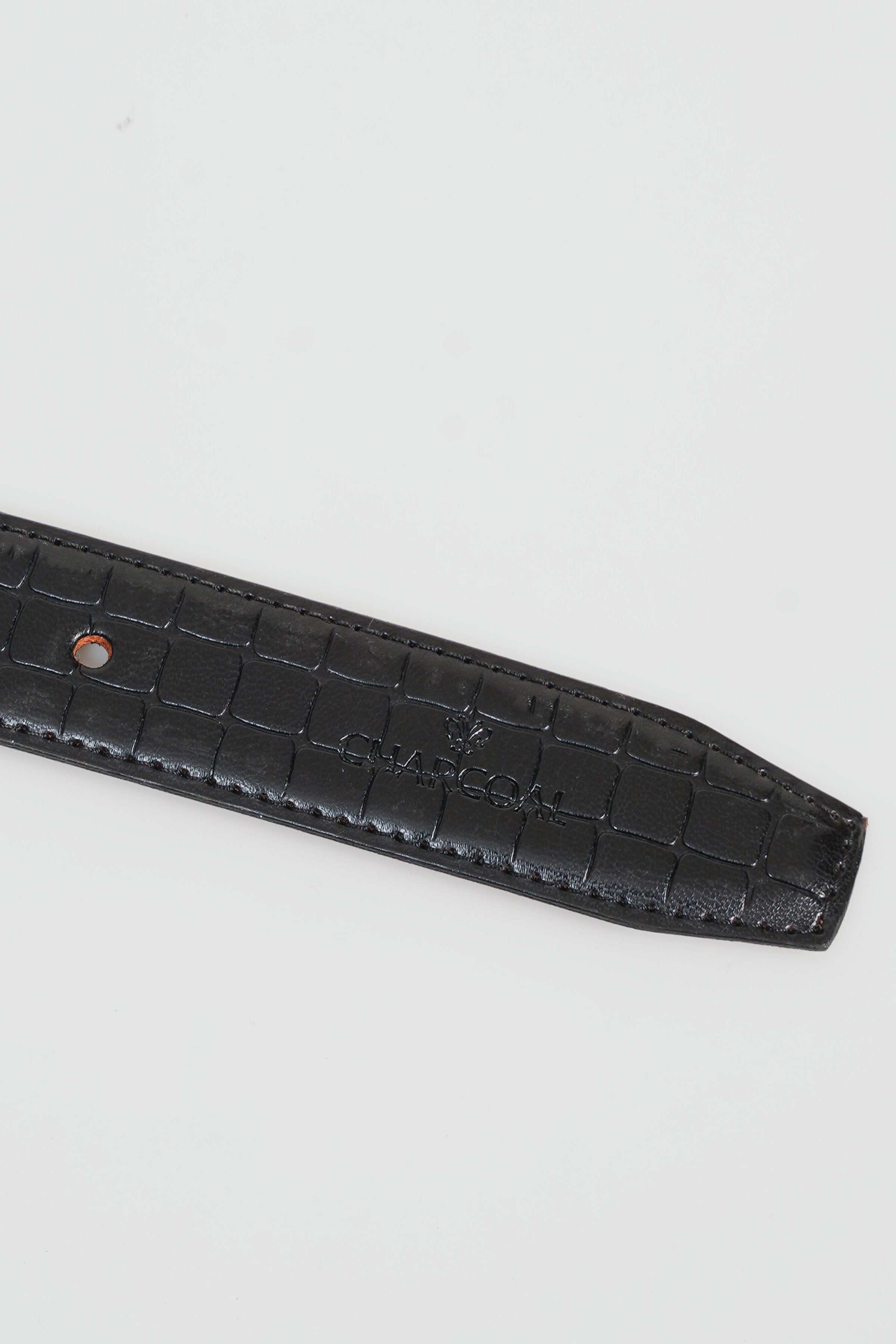 Reversible belt end with stitched croc-textured leather and metal eyelet