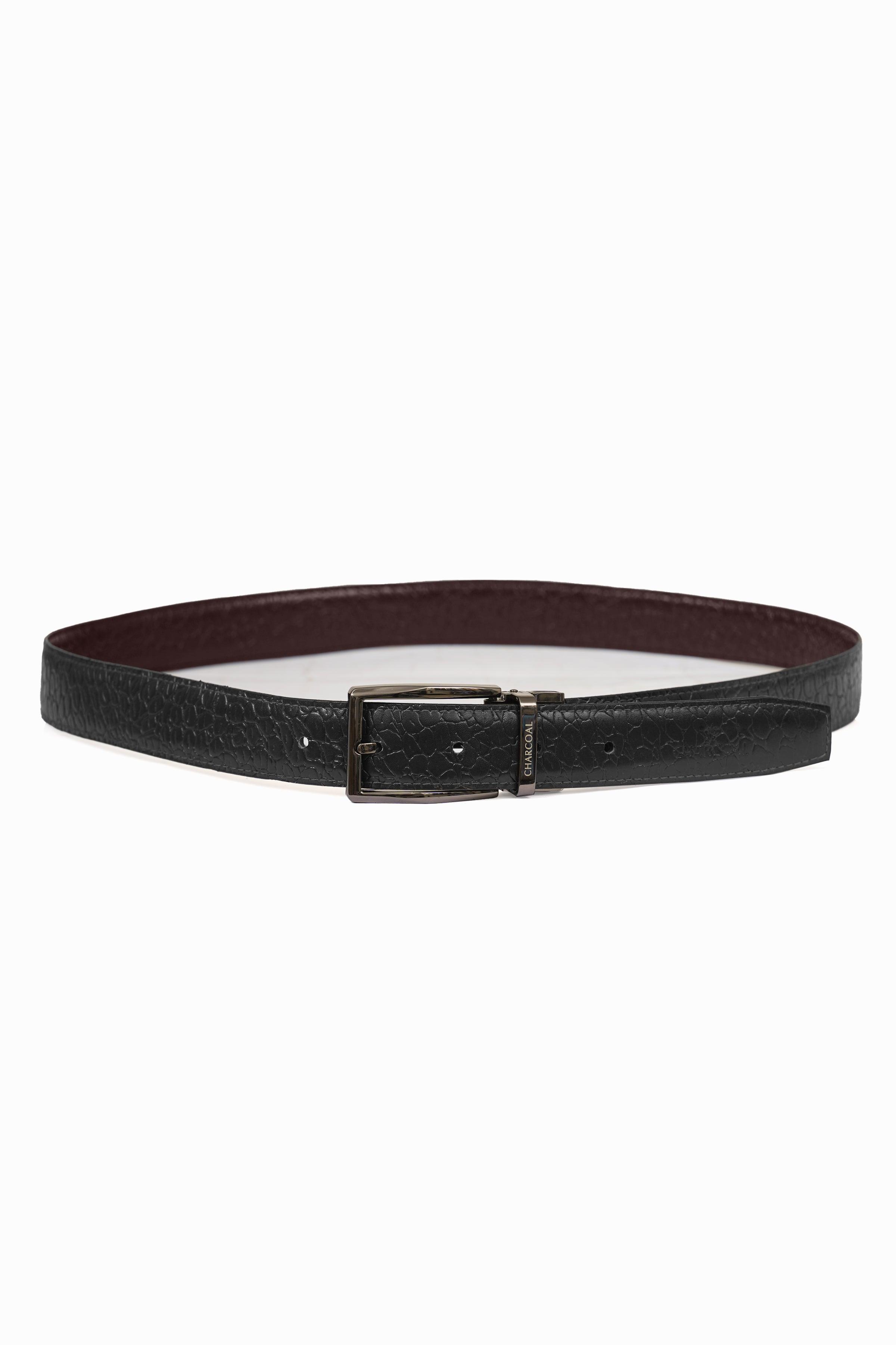 Black reversible belt with rectangular metal buckle and smooth leather texture