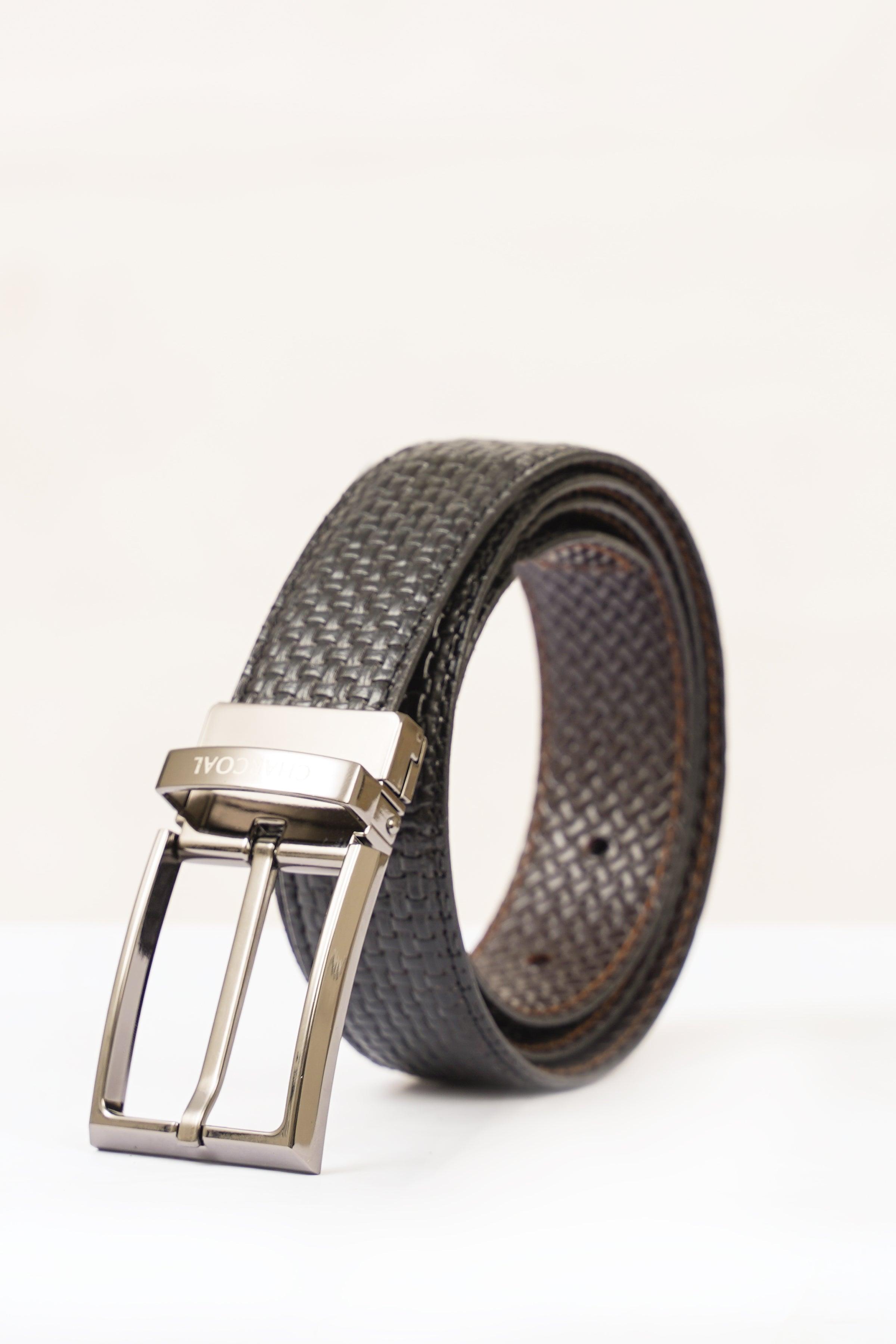 Reversible belt with silver-tone buckle and dark textured woven strap