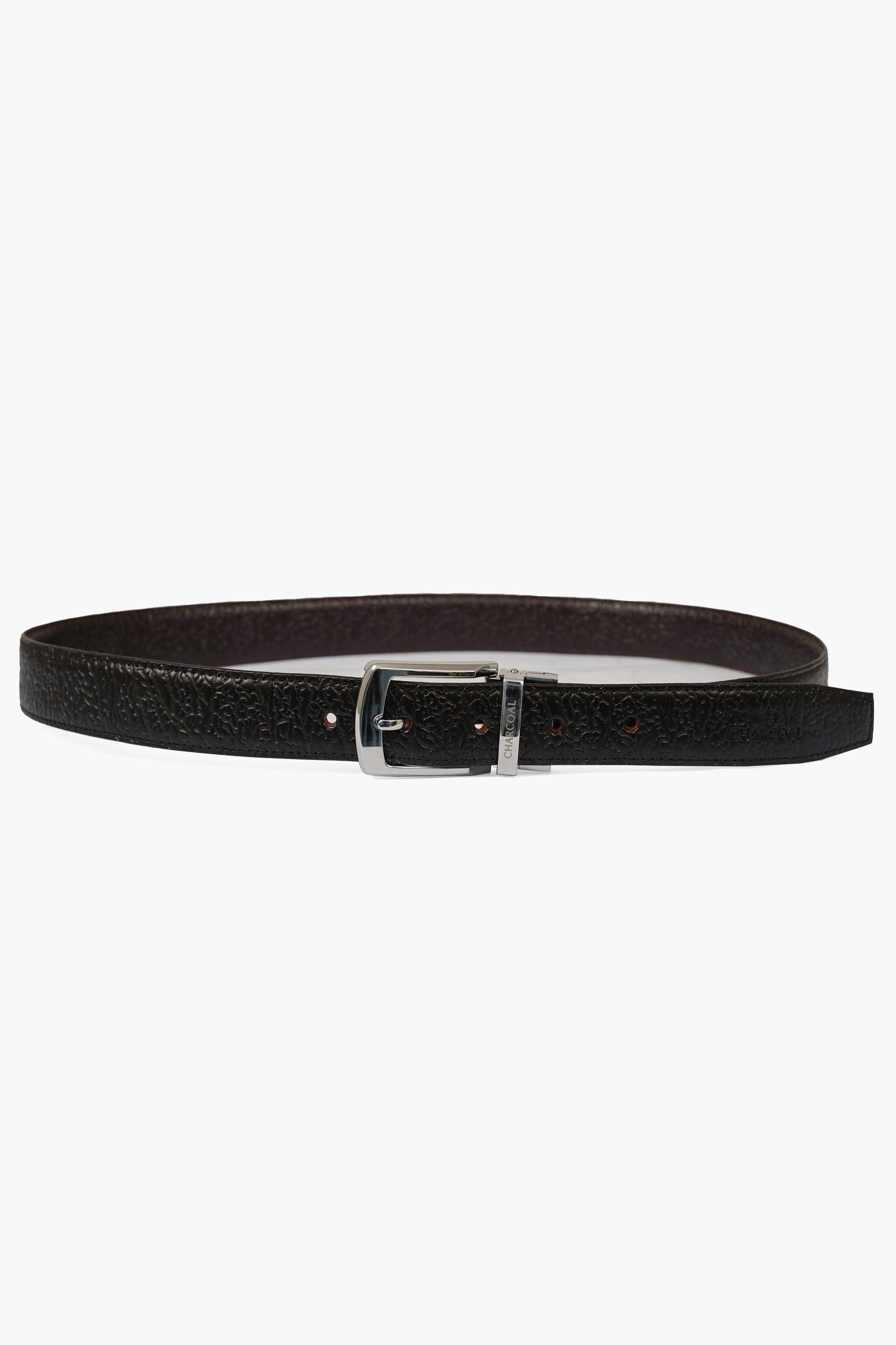 Dark leather belt with rectangular silver buckle and metal loop keeper