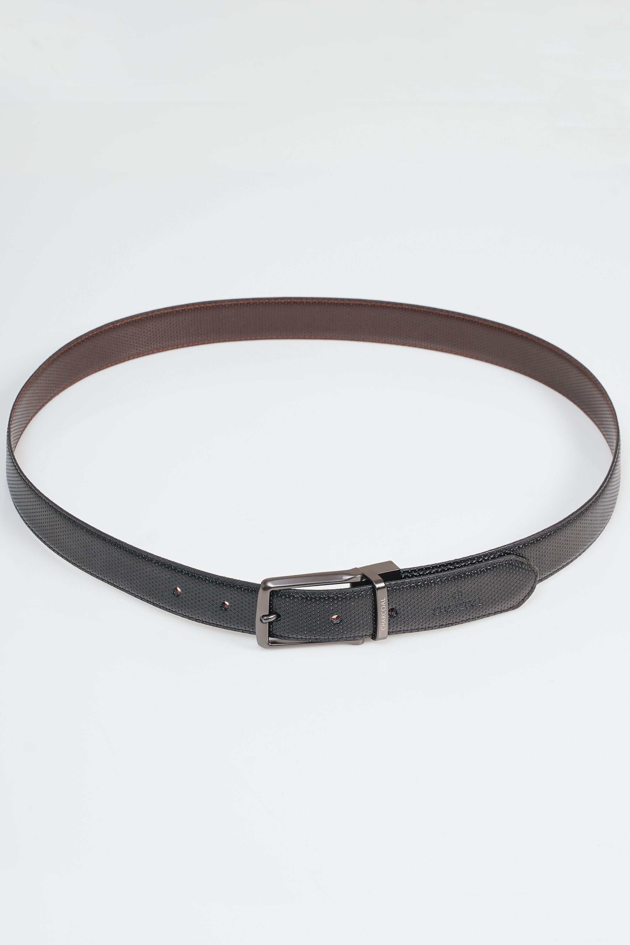 Reversible belt, dark belt with metal buckle and adjustable keeper