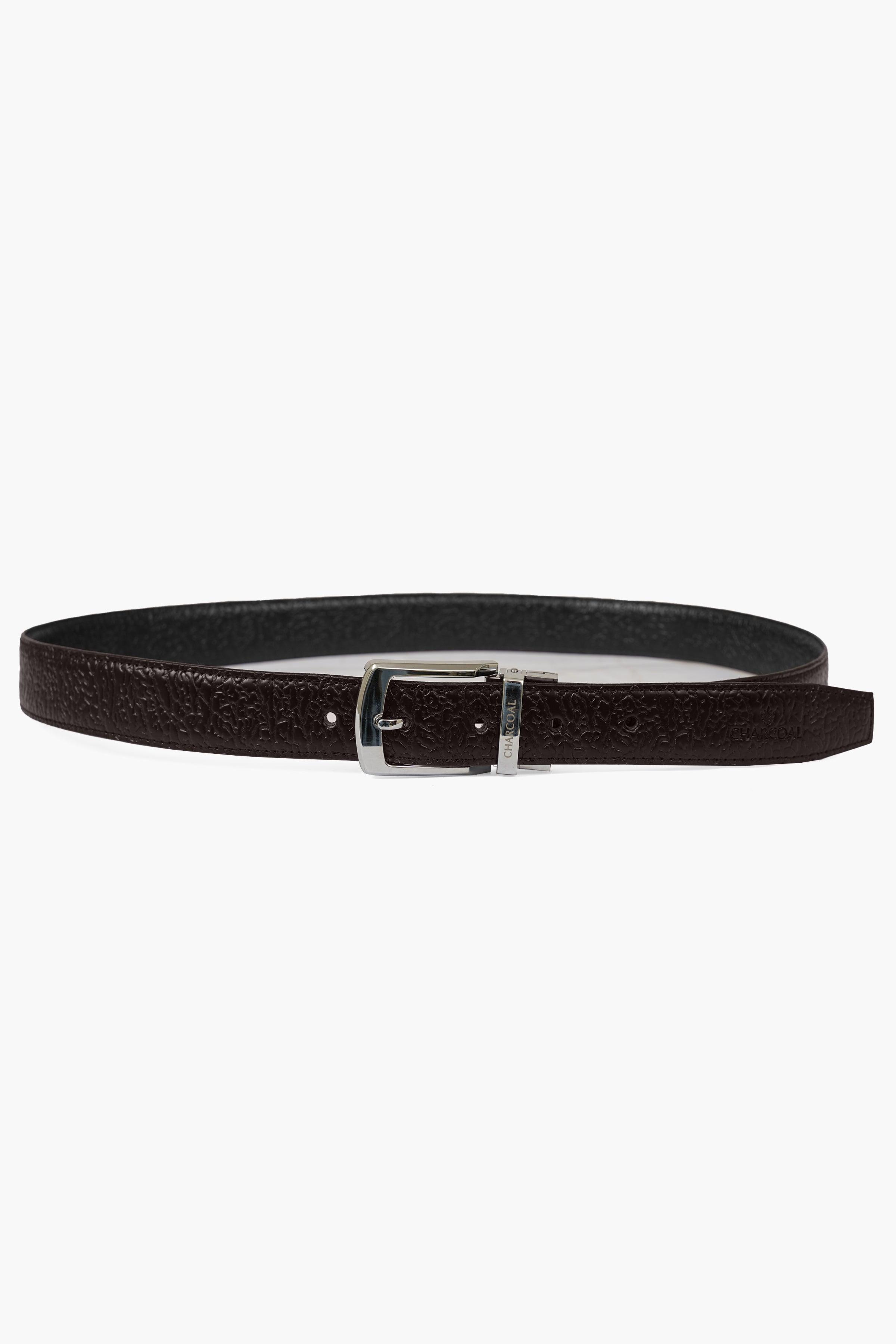 Dark leather belt with silver rectangular buckle centered on the strap