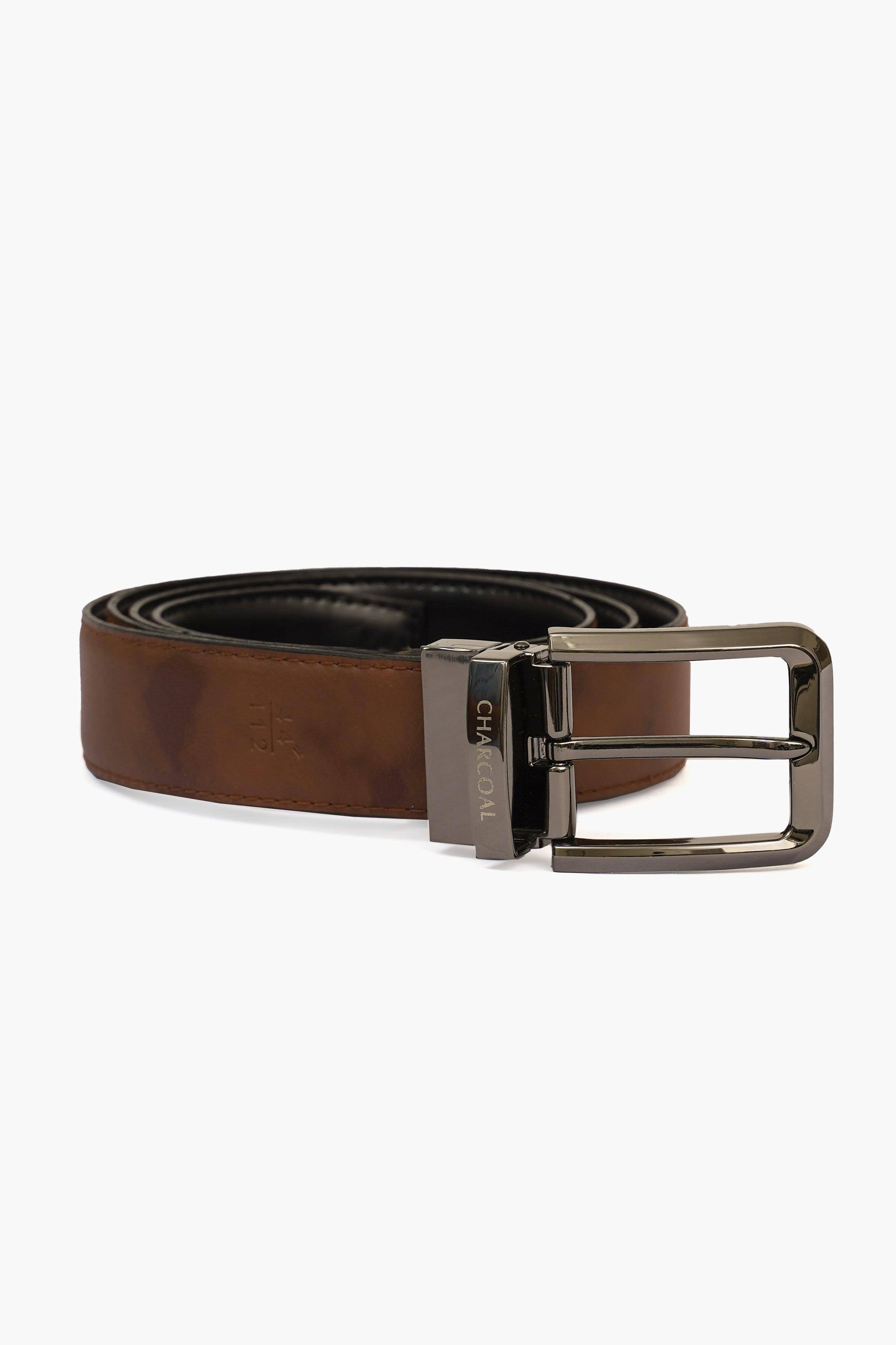 Reversible belt with brown and black leather, large silver buckle