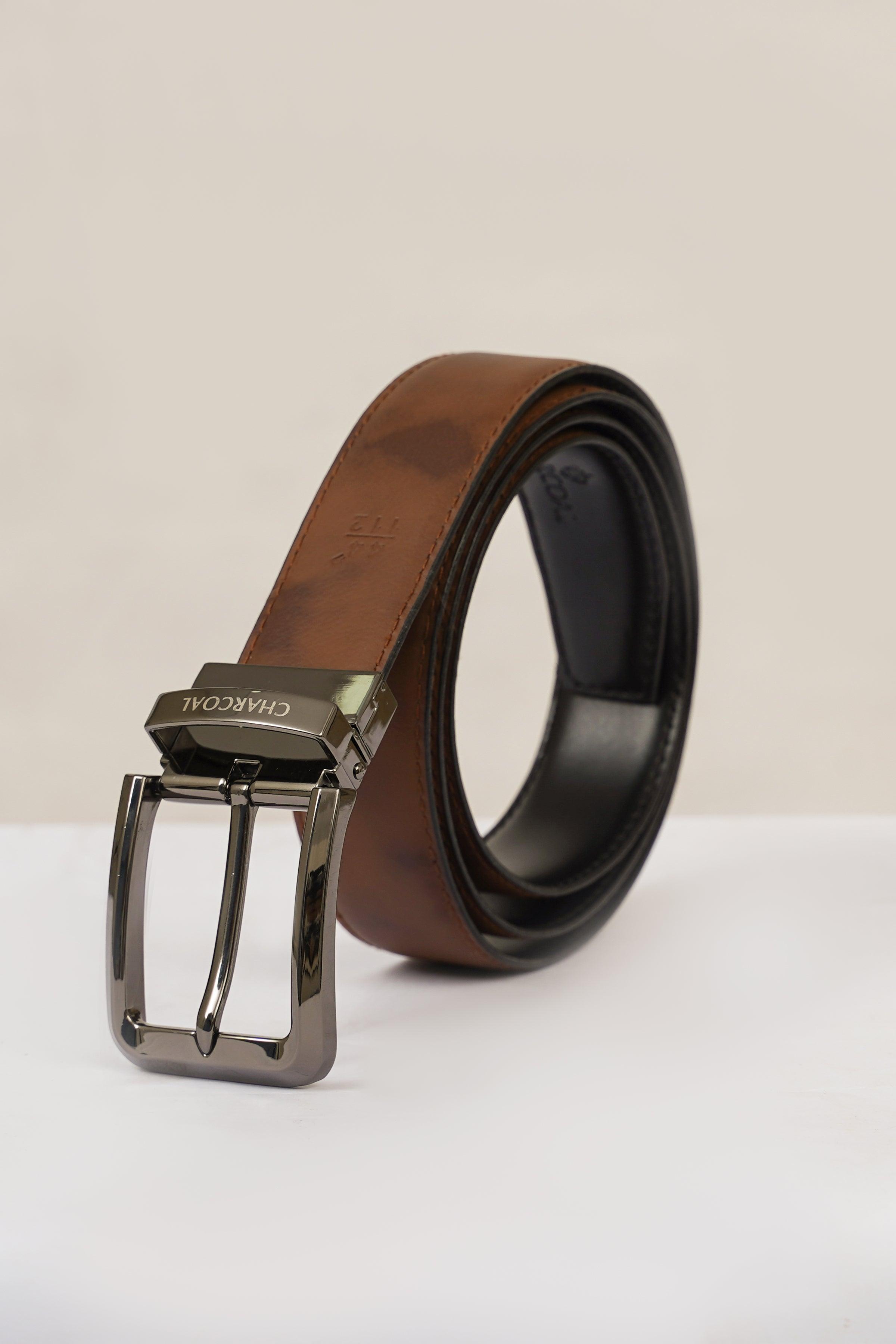 Reversible belt with brown leather and black reversible side, silver buckle