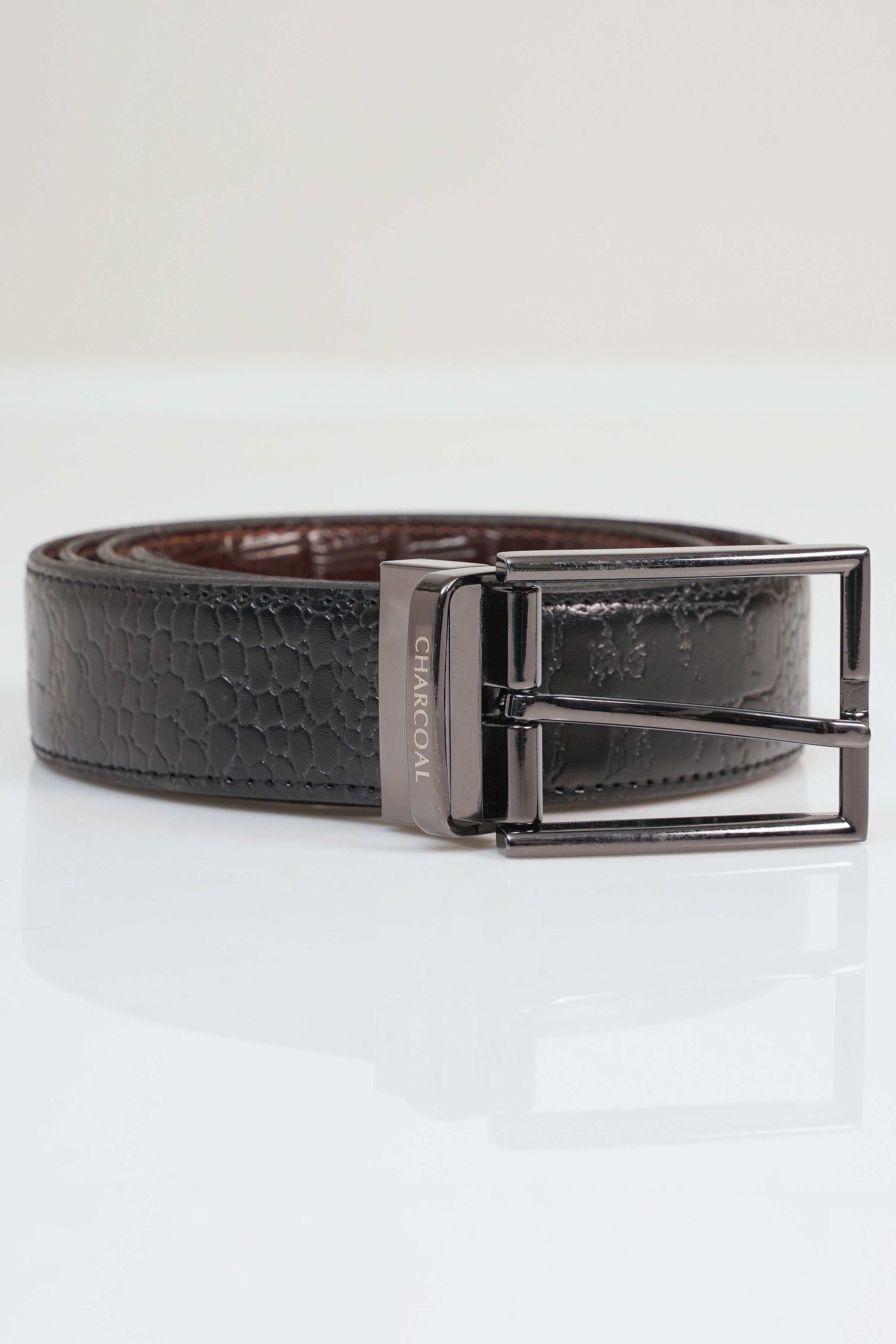 Reversible belt with wide silver buckle and textured leather-look strap, dark brown