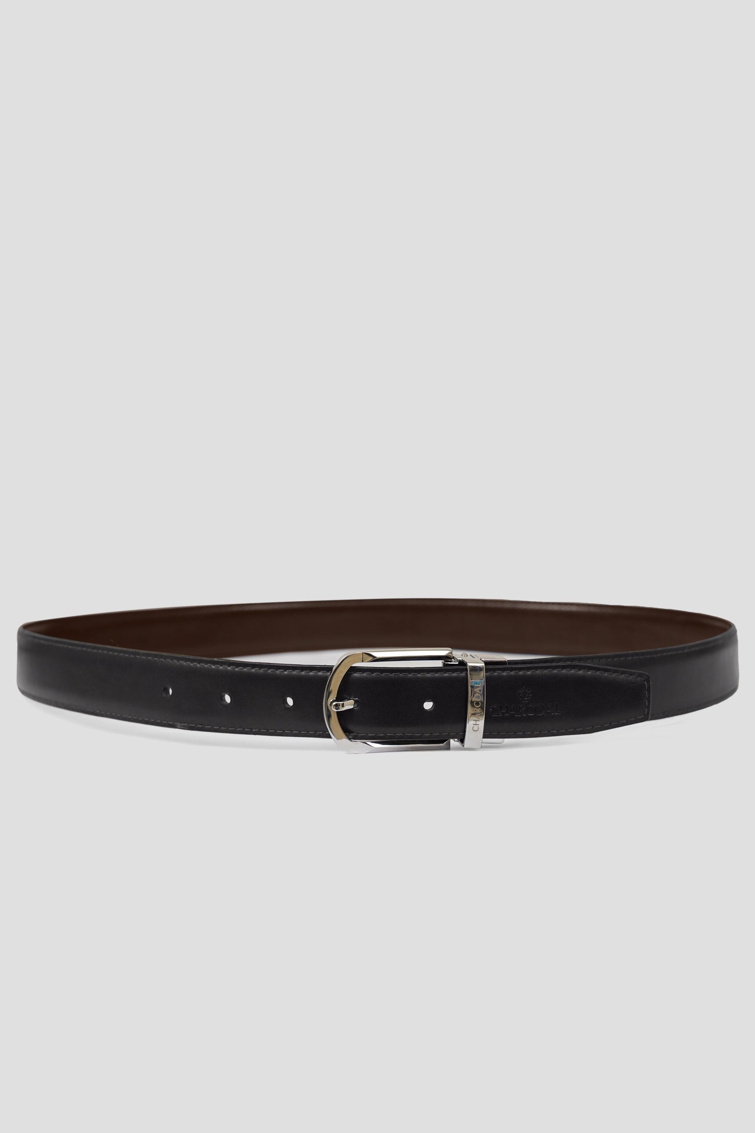 Reversible belt in dark brown with silver buckle and keeper loop