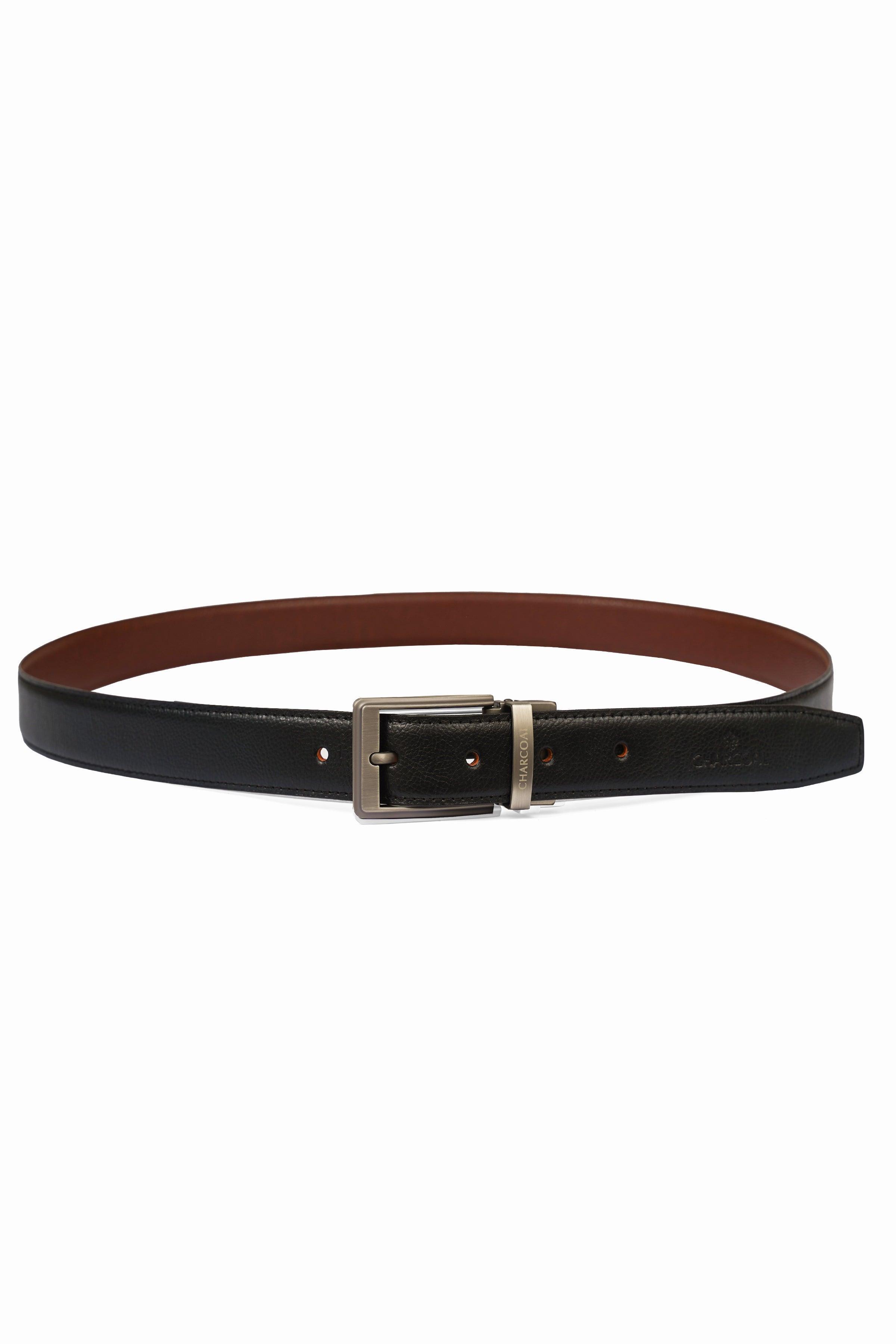Reversible leather belt with silver buckle, black exterior and brown underside