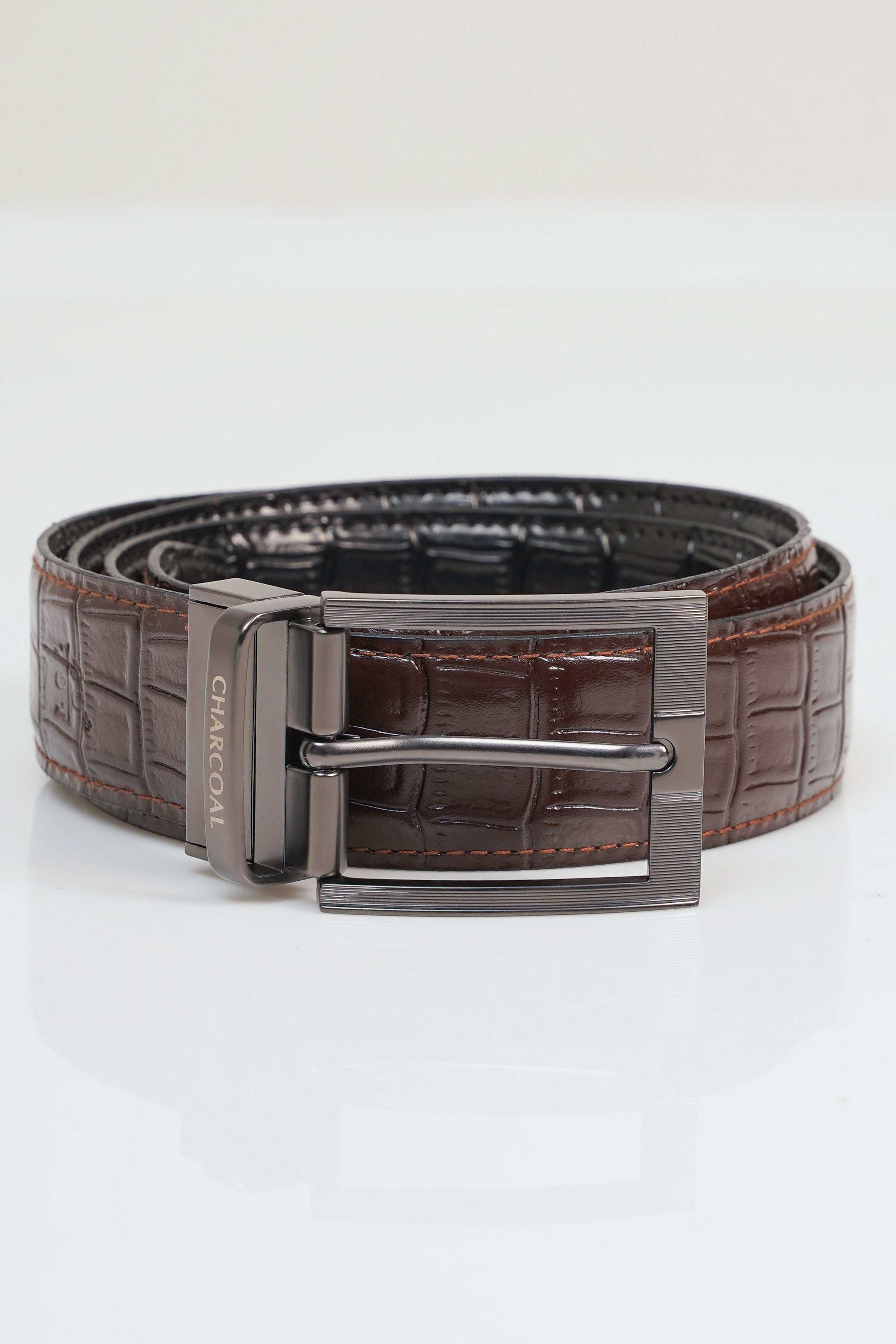 Reversible belt with brown croc-embossed leather strap and silver rectangular buckle