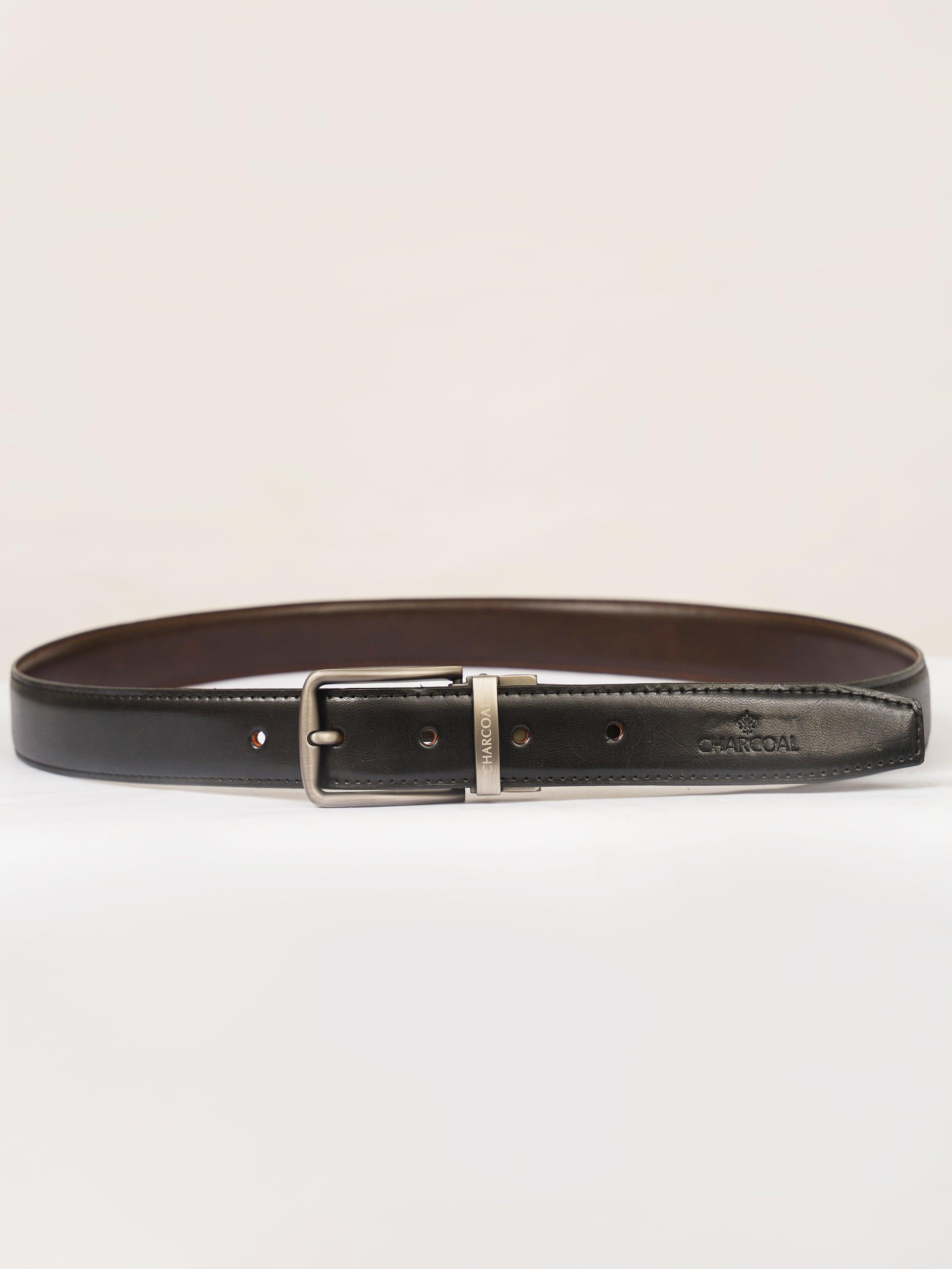 Reversible belt with silver buckle, black outer and dark brown reversible side.