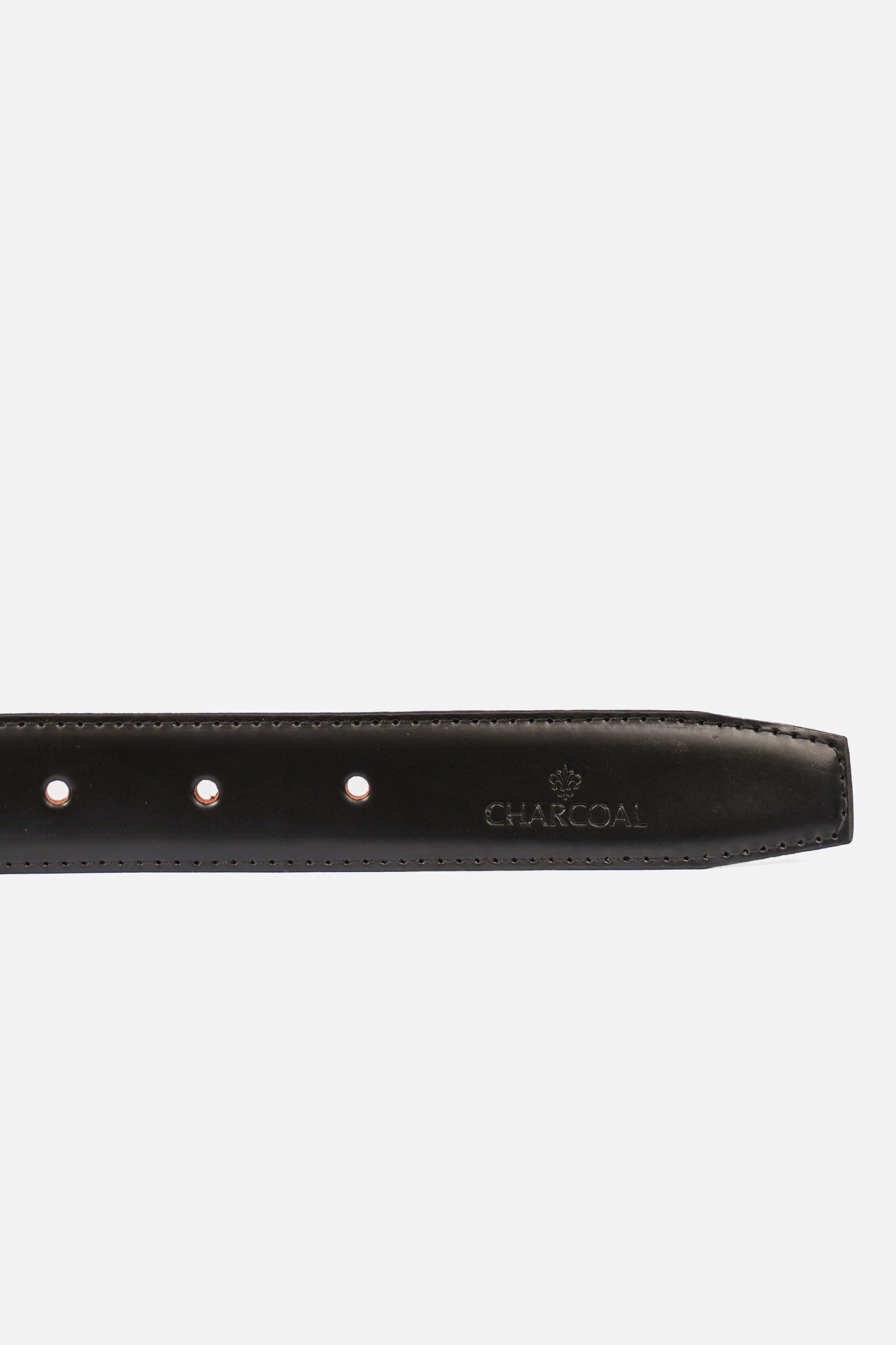 Charcoal leather belt strap end with row of metal holes and embossed text