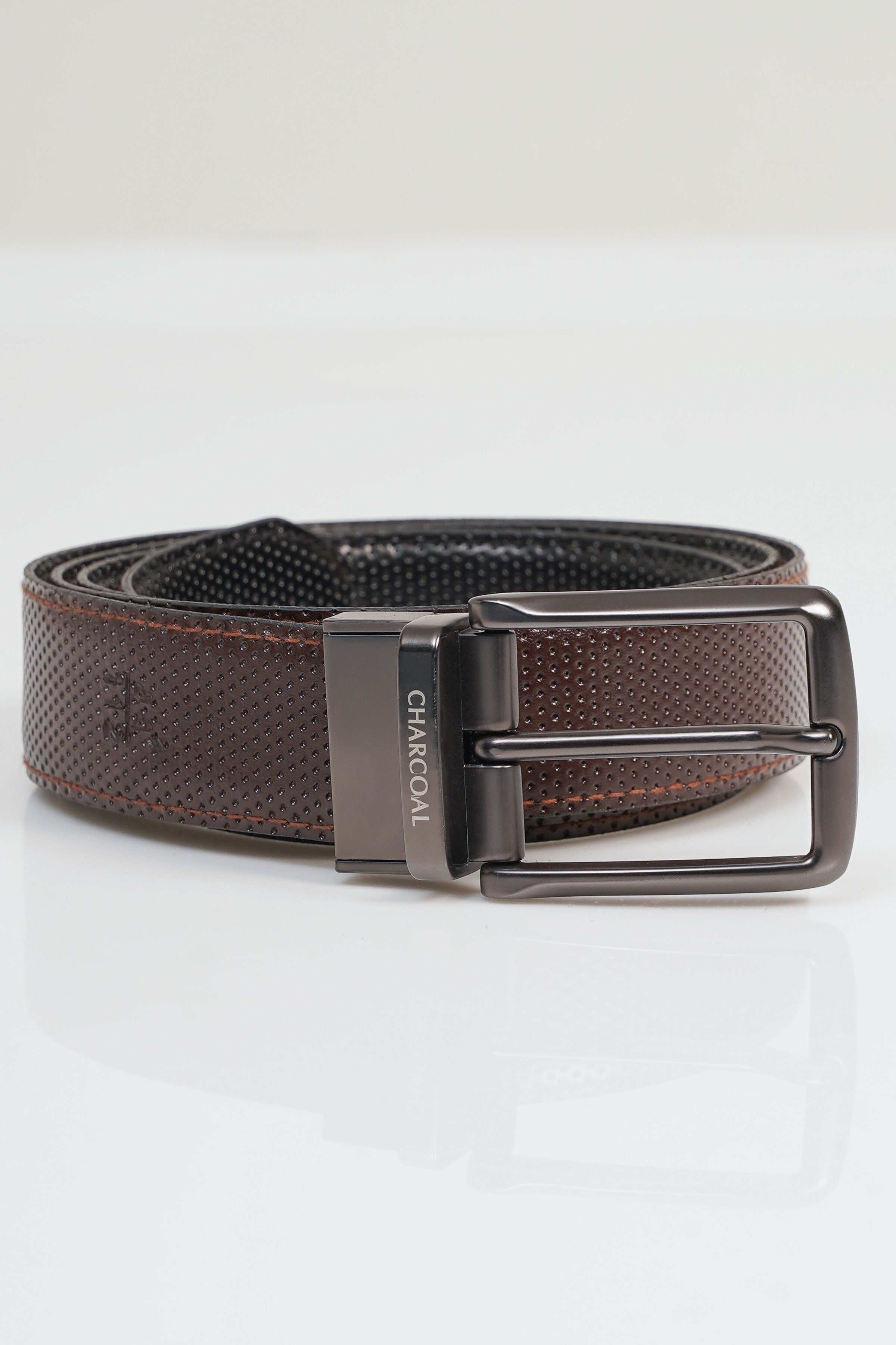 Reversible belt, brown textured strap with square metal buckle and engraved logo