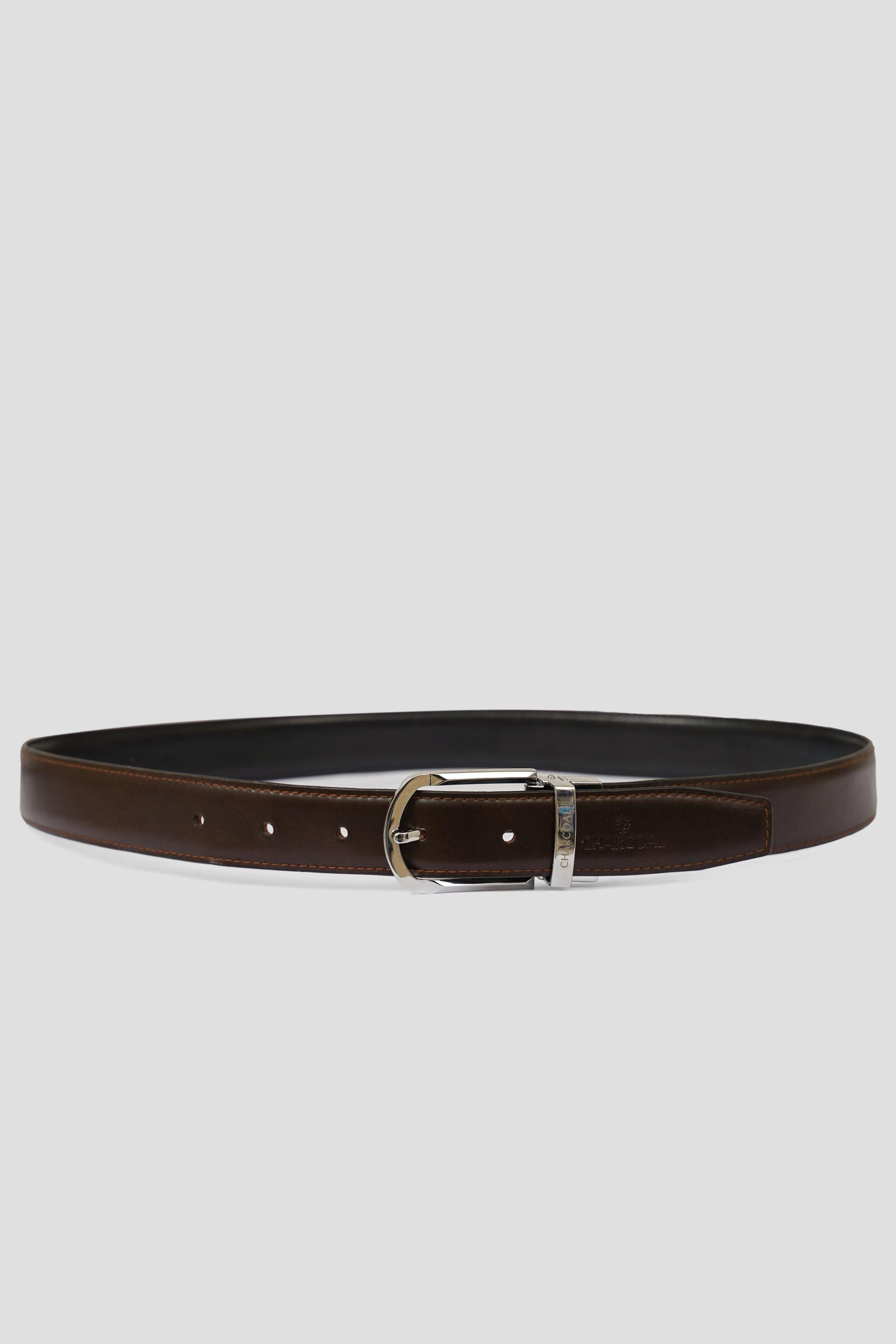 Reversible belt with brown leather face and dark reverse, silver buckle