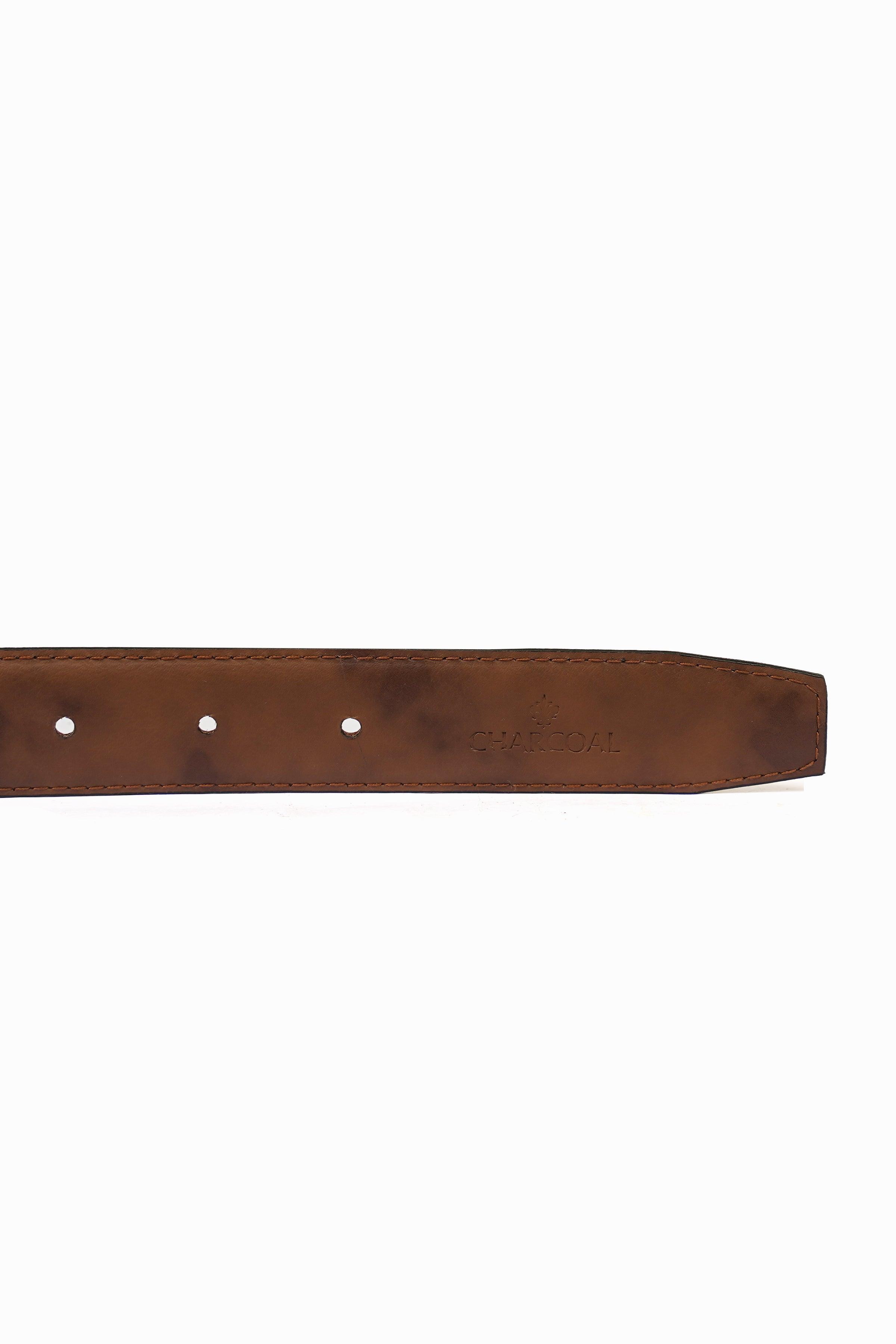 Brown leather belt strap with row of adjustment holes