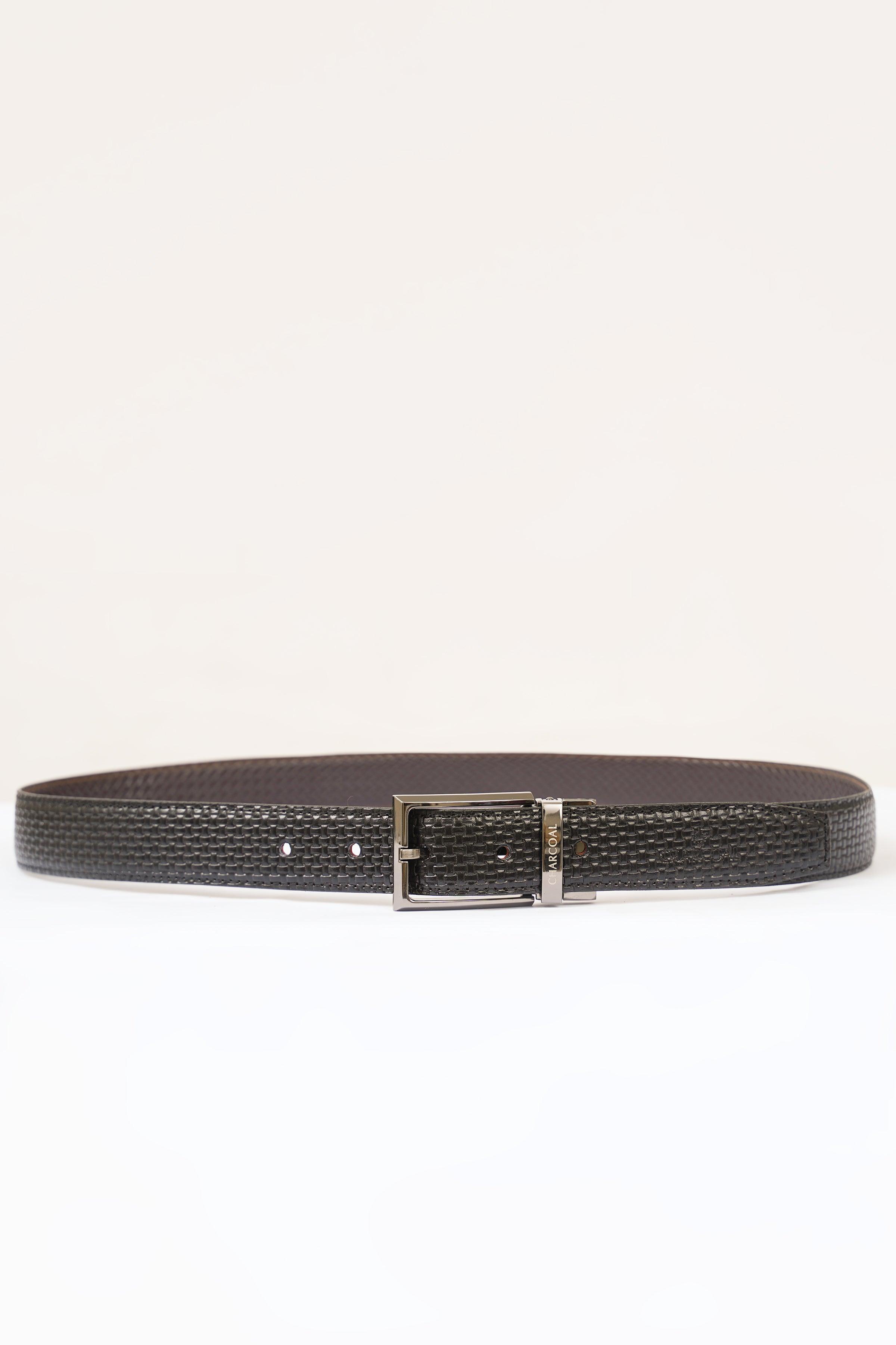Reversible belt with rectangular metal buckle and dark brown textured strap