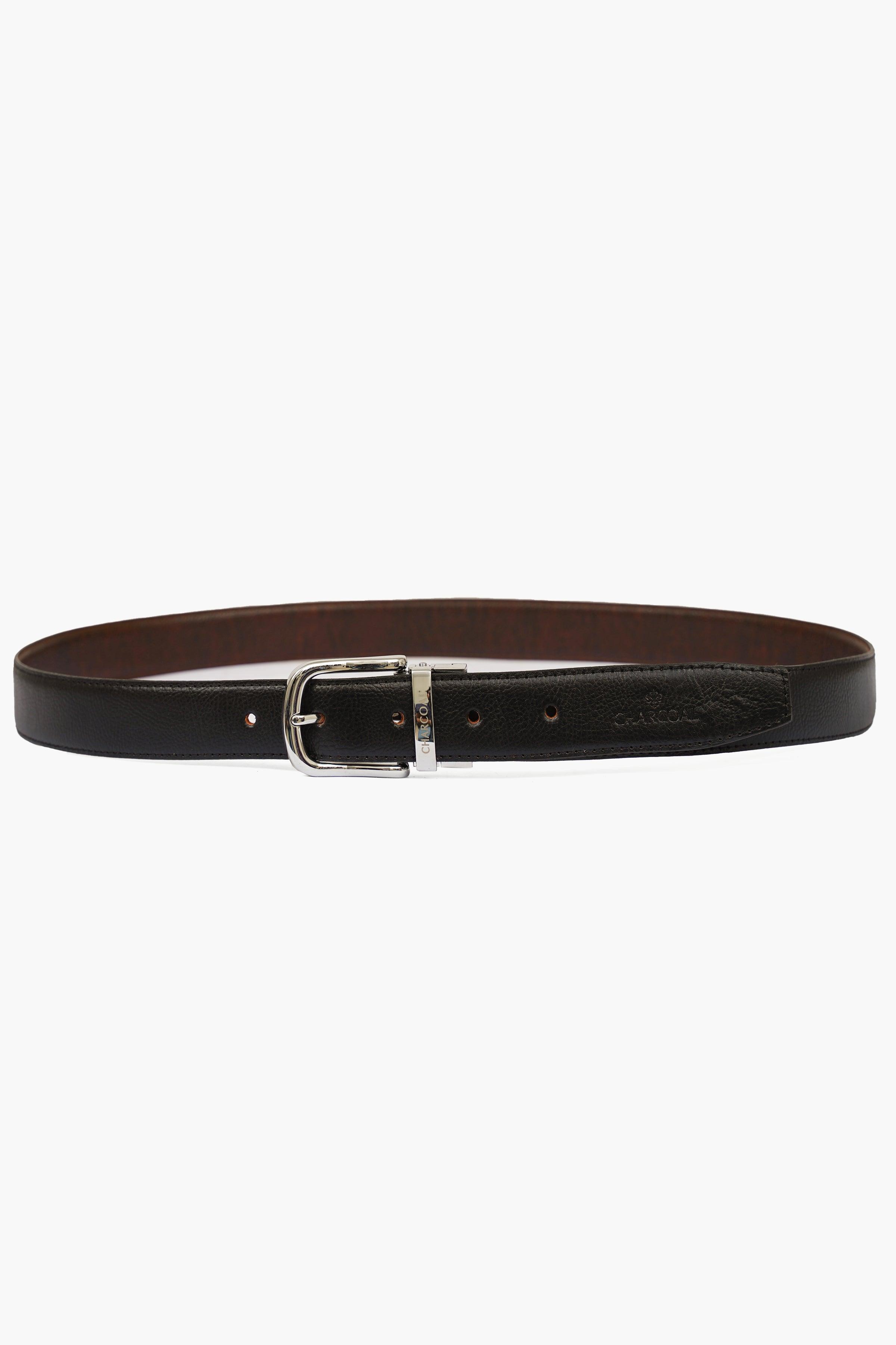 Reversible belt in brown and dark leather, rectangular silver buckle with holes