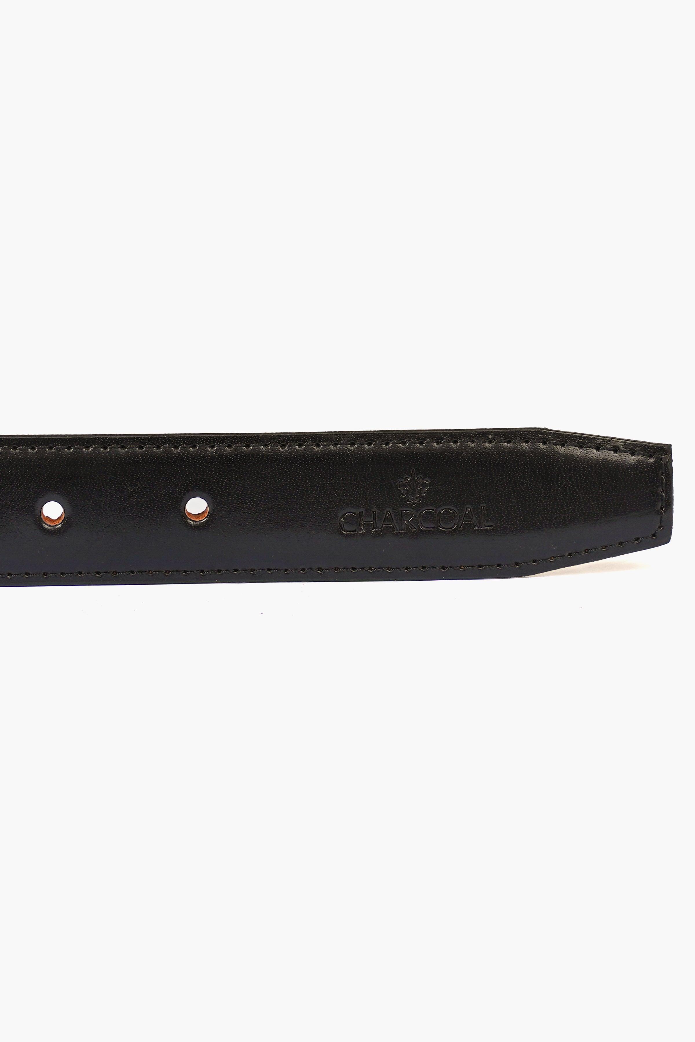 Reversible belt strap end with two silver rivets and embossed brand mark