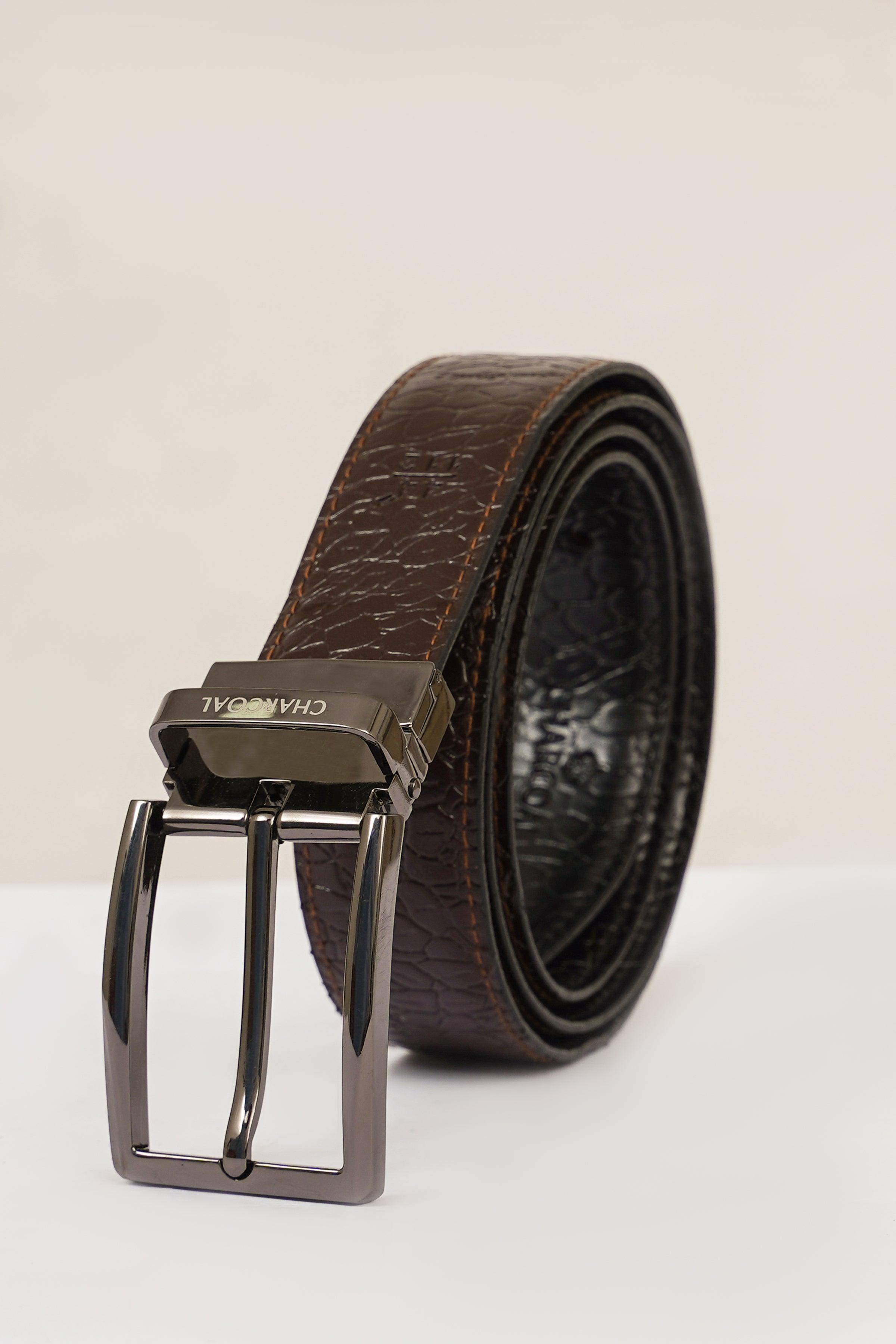 Reversible leather belt with silver buckle, dark brown front and black reverse side