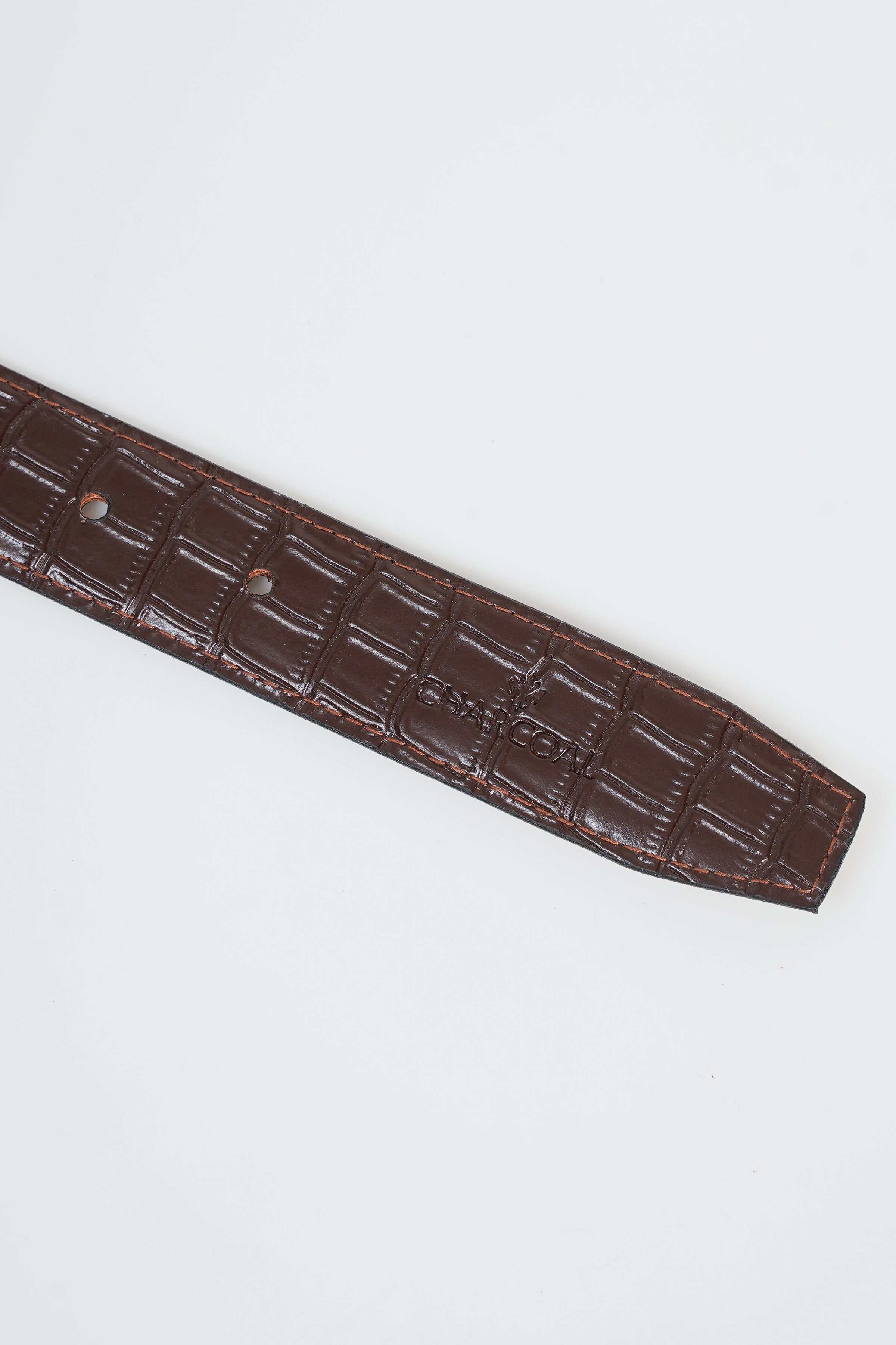 Reversible belt strap section with dark brown croc-embossed leather and stitched pattern