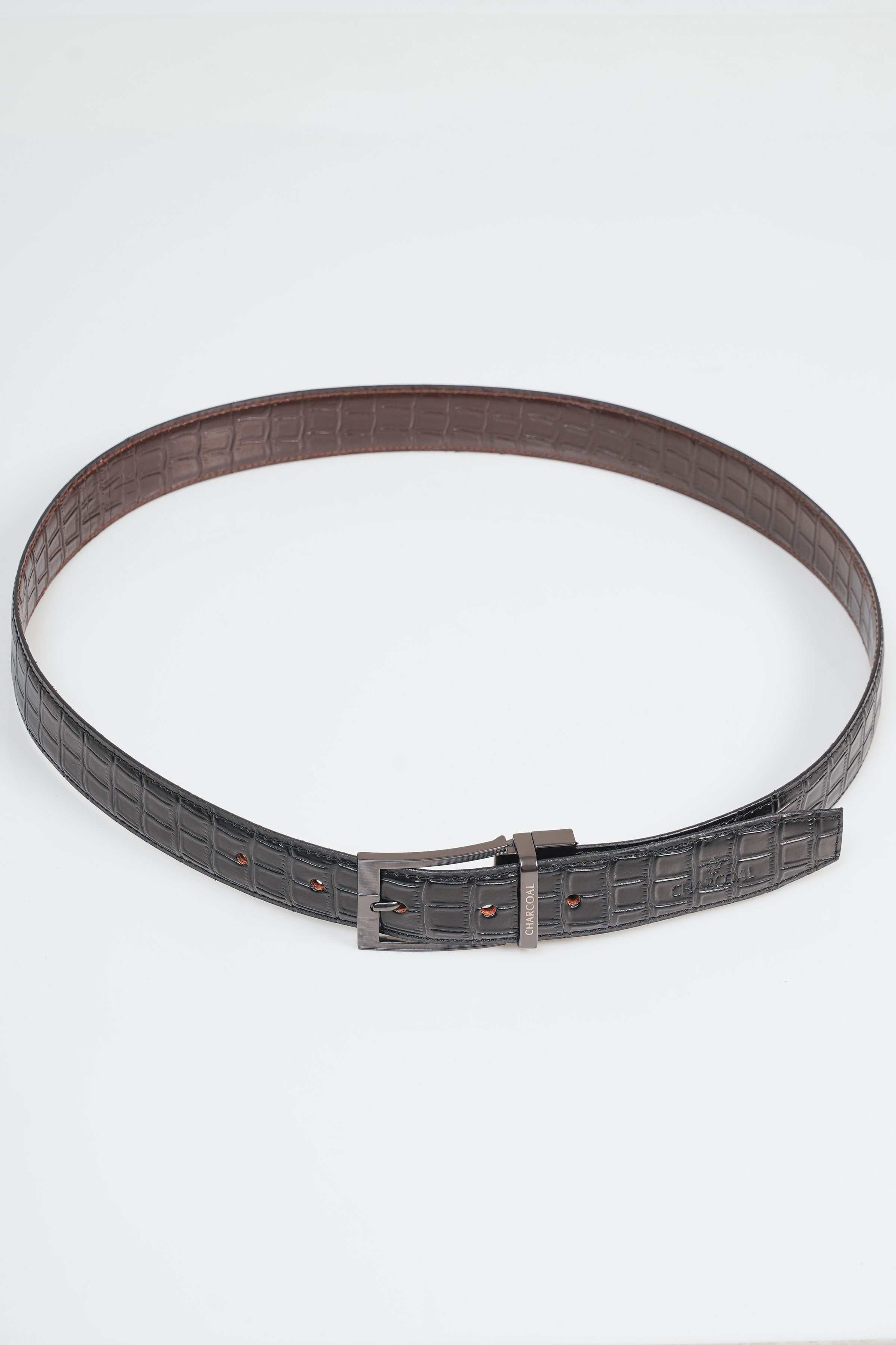 Reversible belt with dark croc-embossed leather strap and silver rectangular buckle