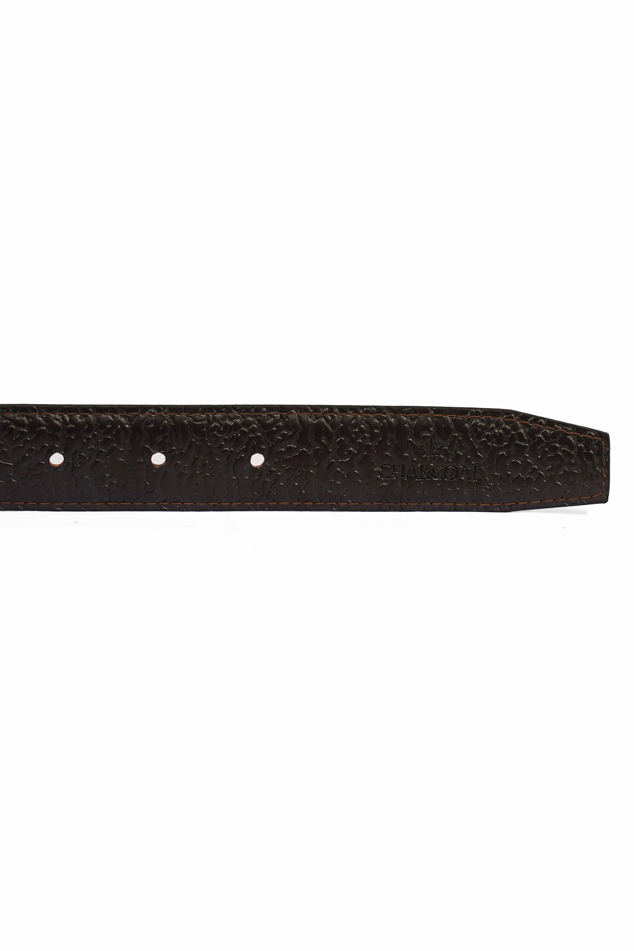 Dark leather belt strap with evenly spaced buttonholes along one edge