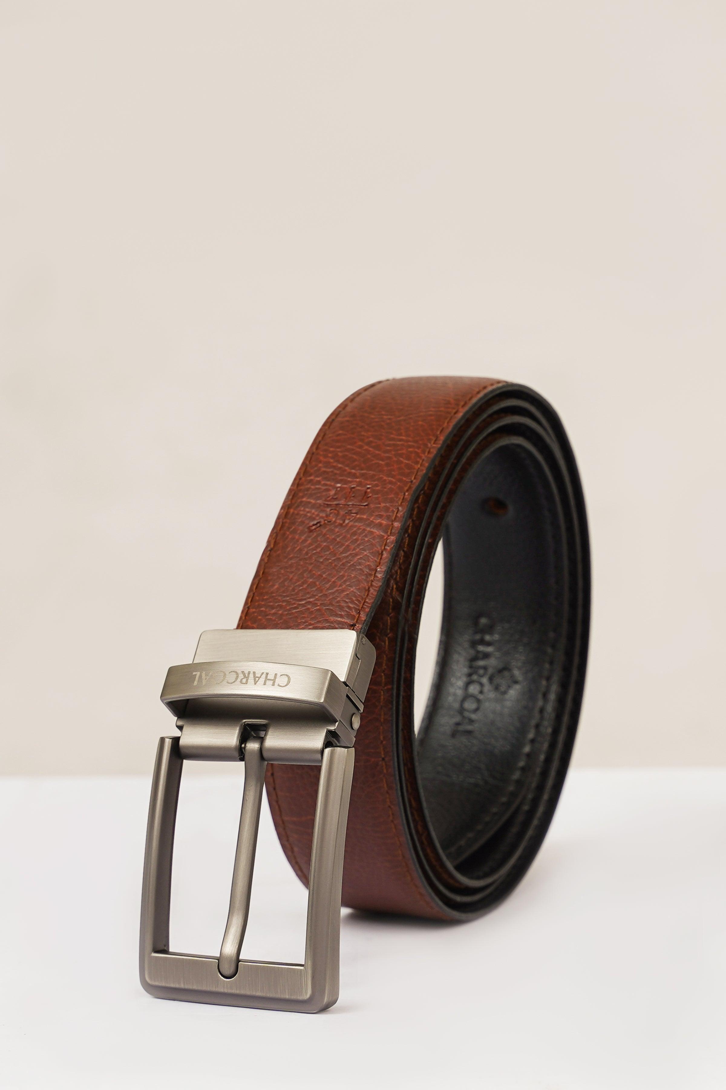 Reversible leather belt with silver buckle, brown and black sides