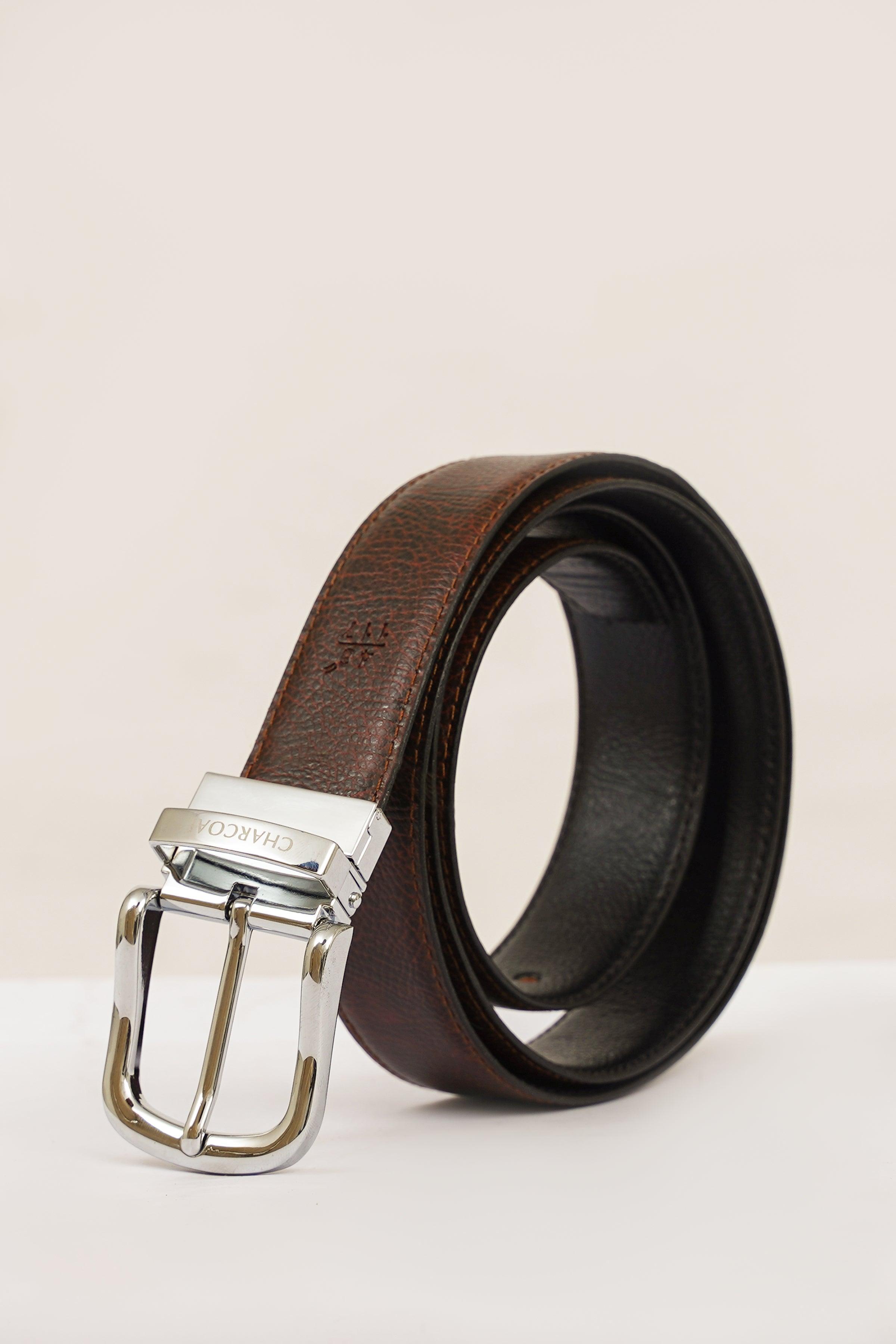 Reversible belt with brown leather and dark reverse, silver prong buckle