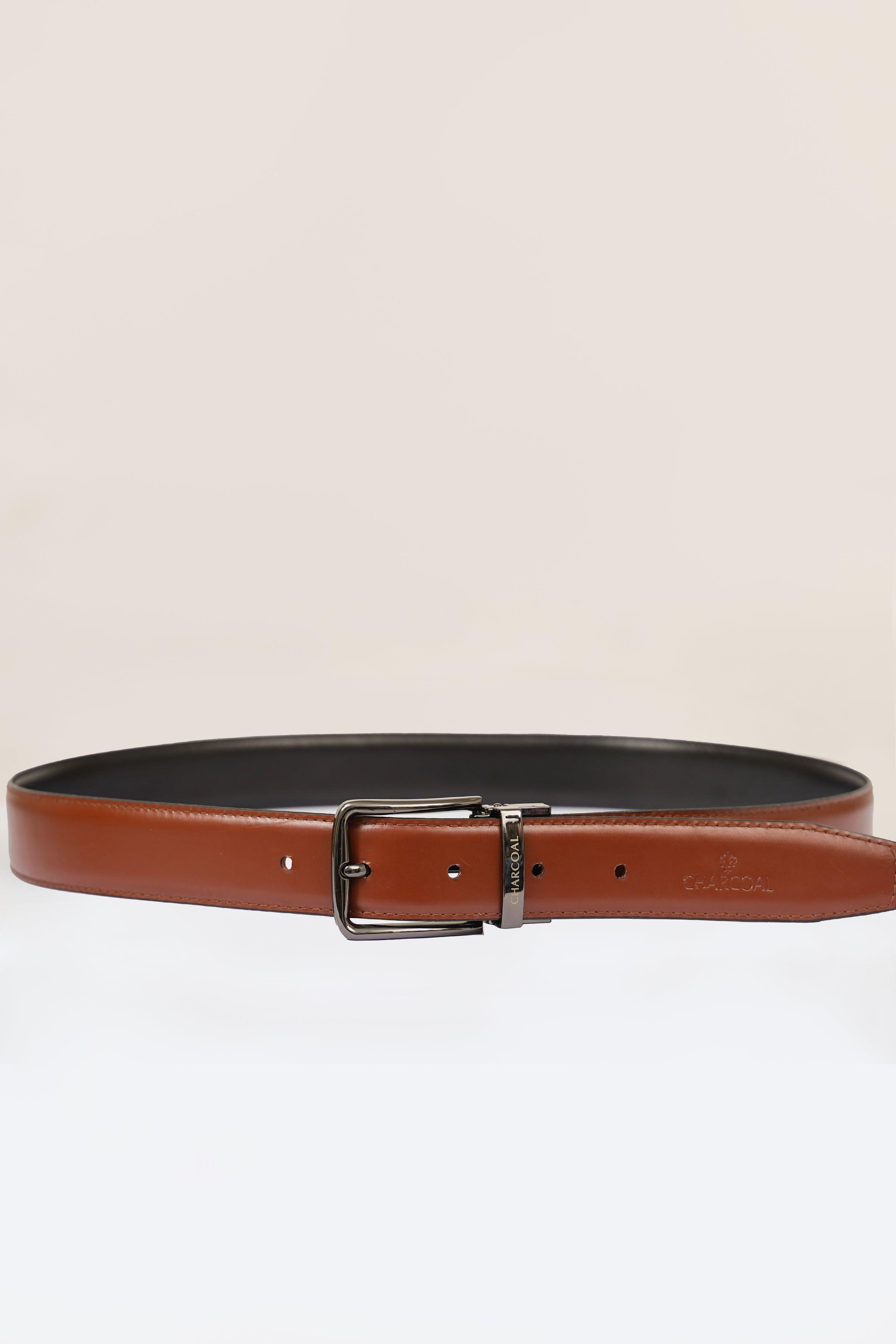 Brown leather belt with silver rectangular buckle and stitched strap holes