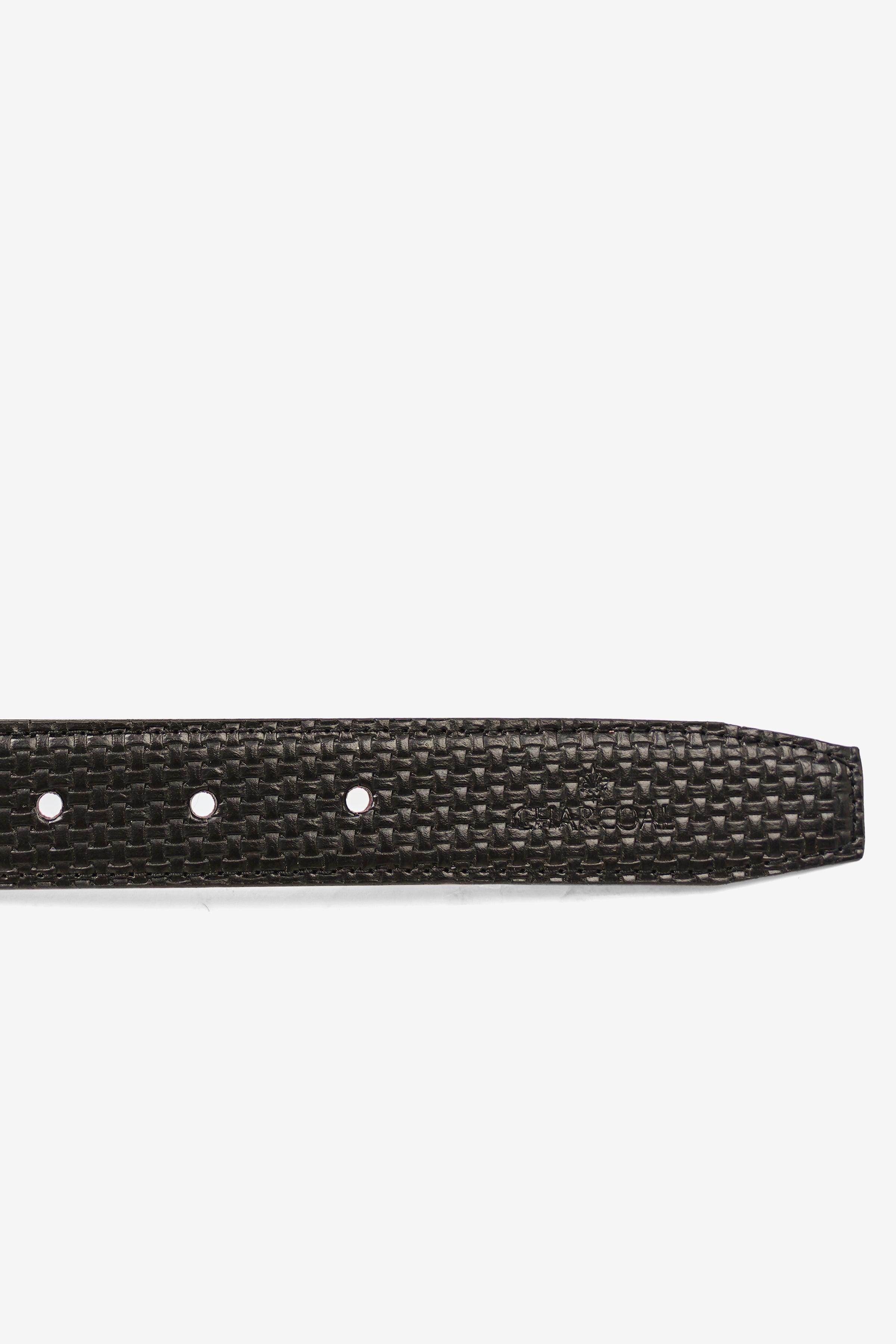 Reversible belt strap end with punched holes and dark textured weave