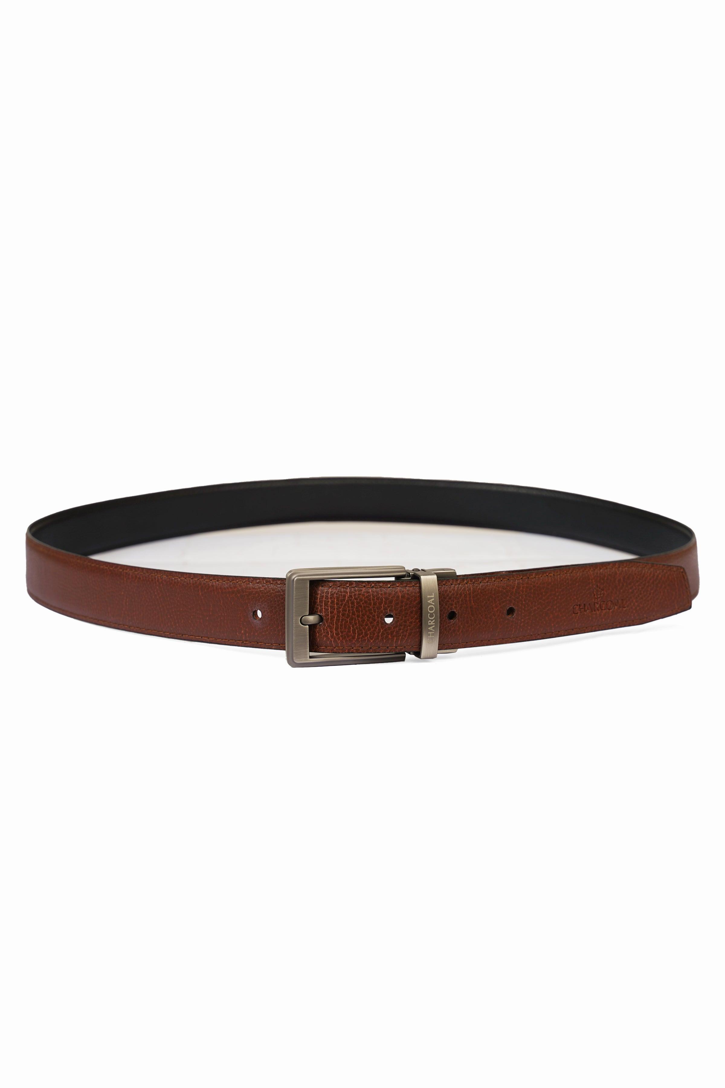 Reversible leather belt, brown exterior with silver rectangular buckle