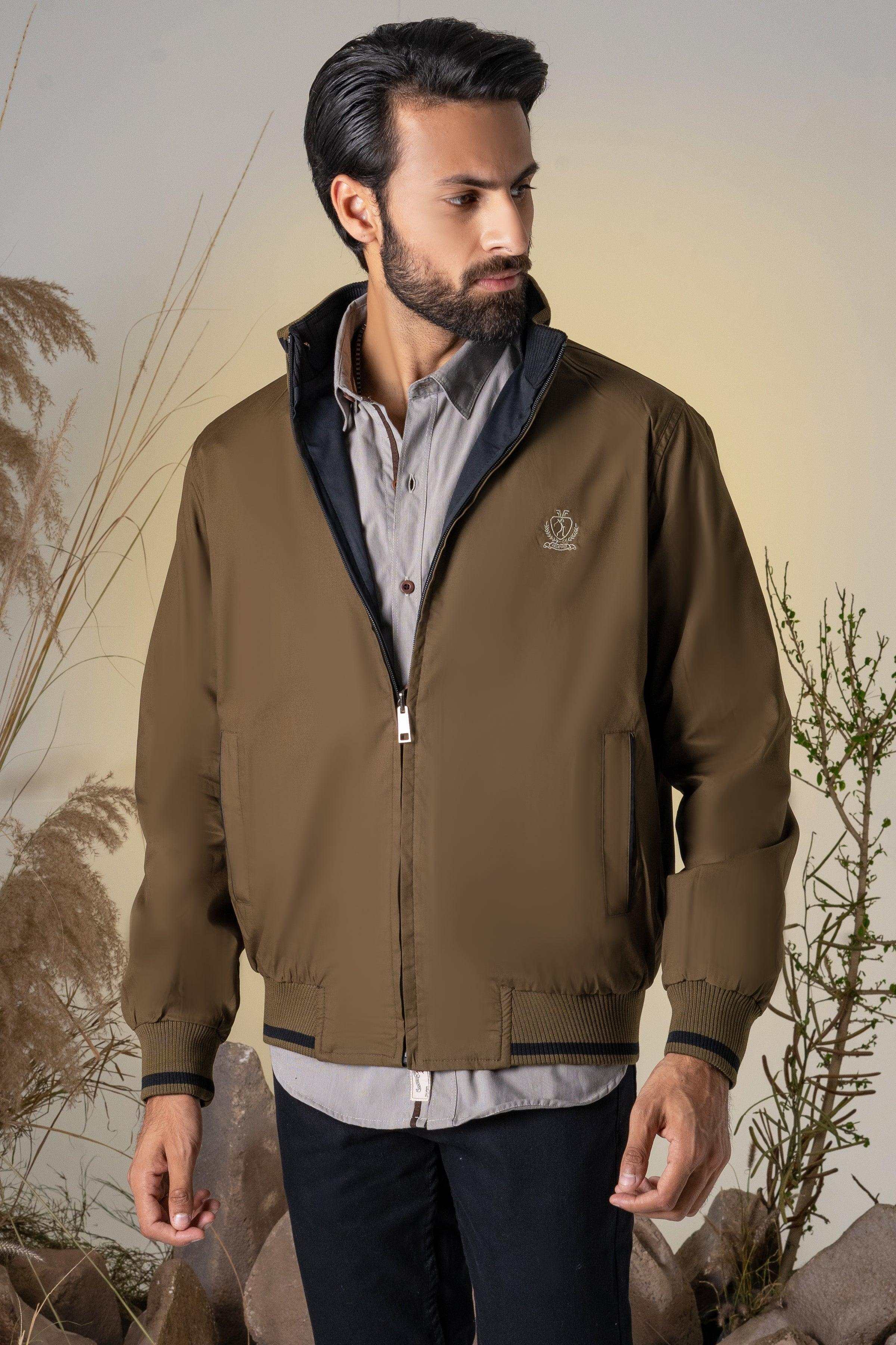 Reversible full-sleeve jacket, olive-brown with zip front and chest logo patch