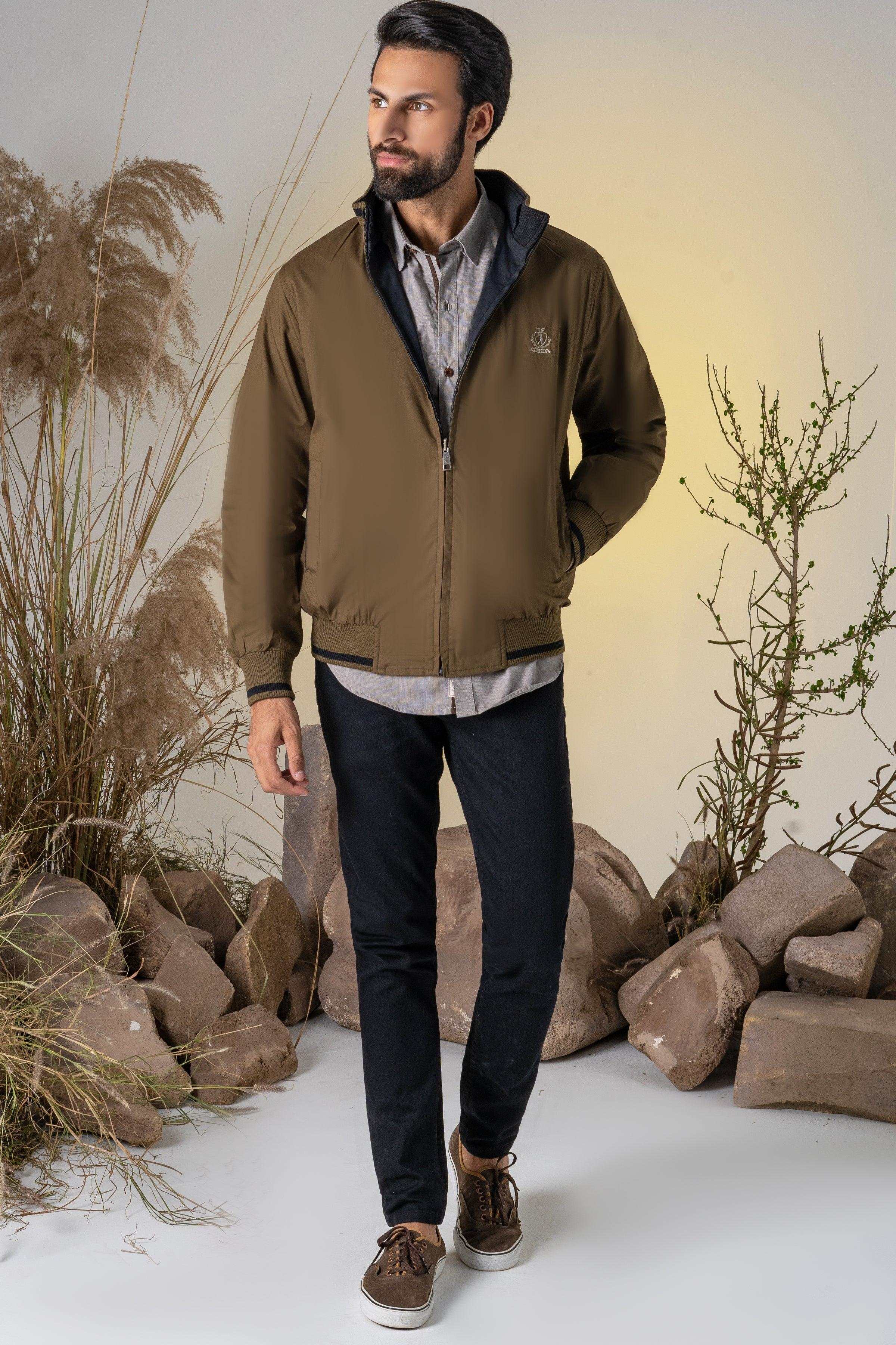 Reversible full-sleeve jacket, olive-brown front zipper and stand collar
