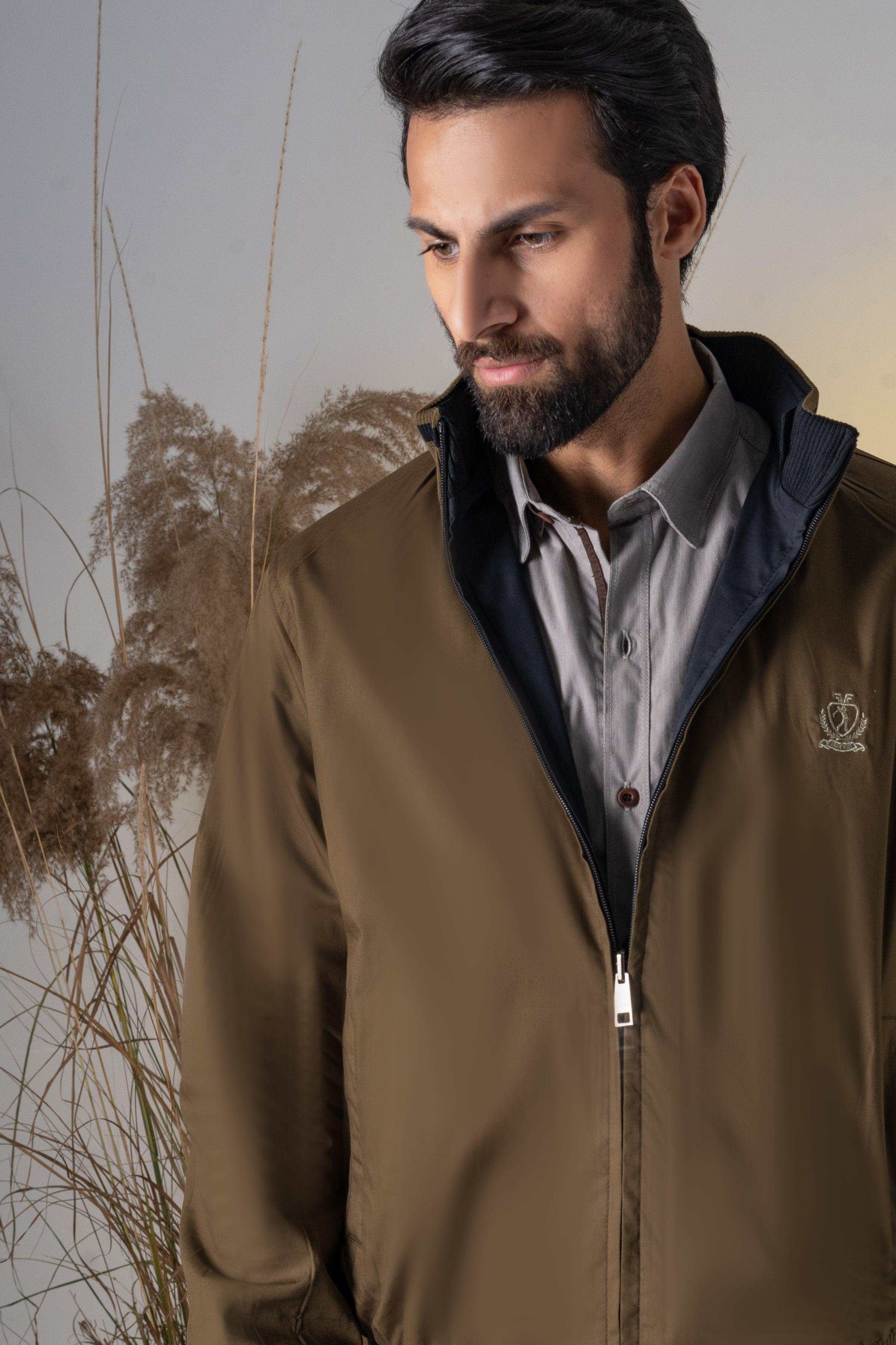 Reversible full-sleeve jacket close-up, olive-brown stand collar and zipper