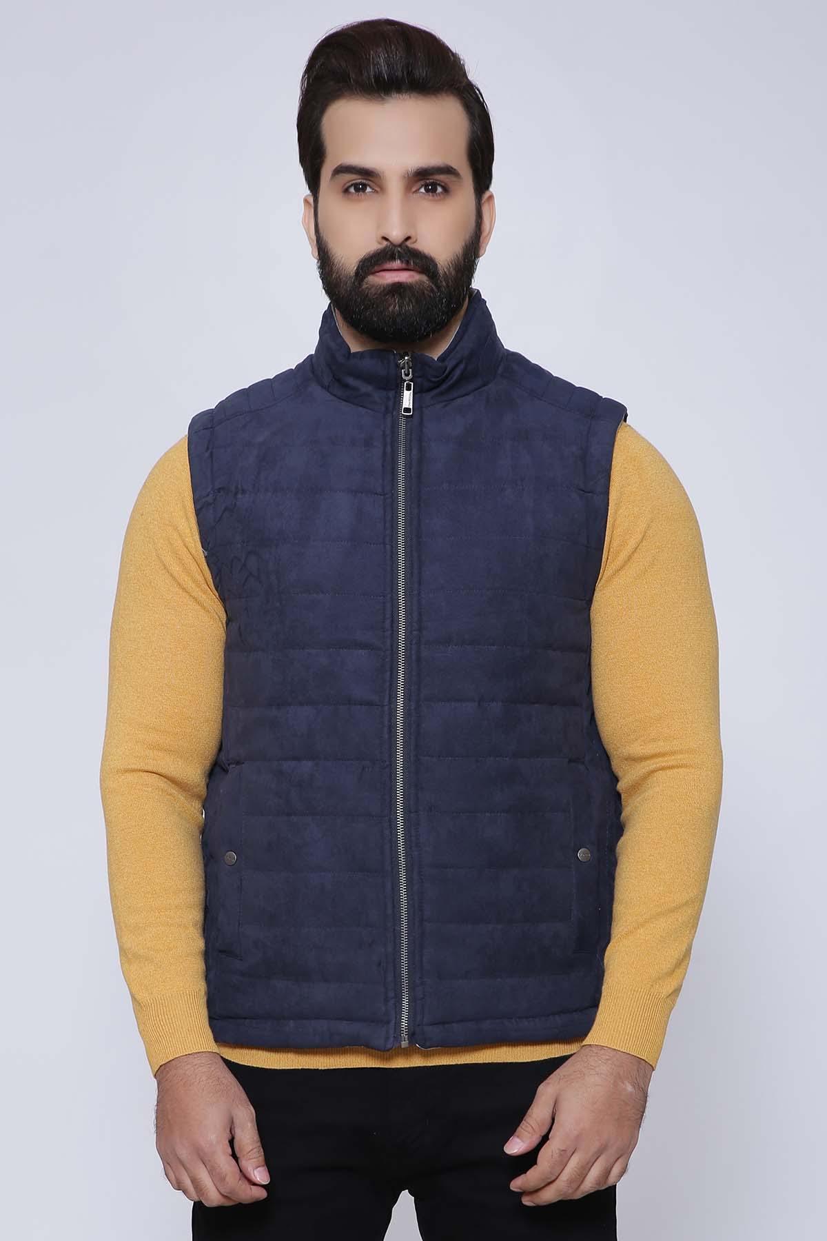 Navy padded sleeveless jacket with full-length front zipper and stand collar
