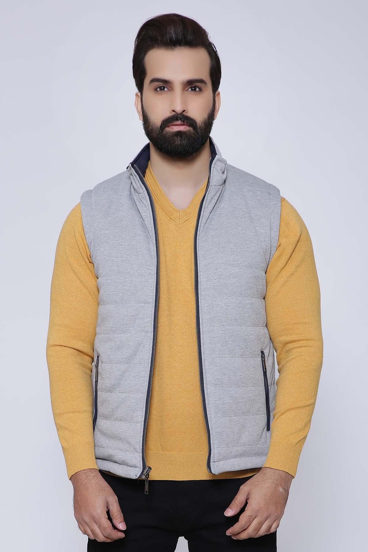 Grey padded sleeveless jacket with full-length zipper, stand collar, and side pocket