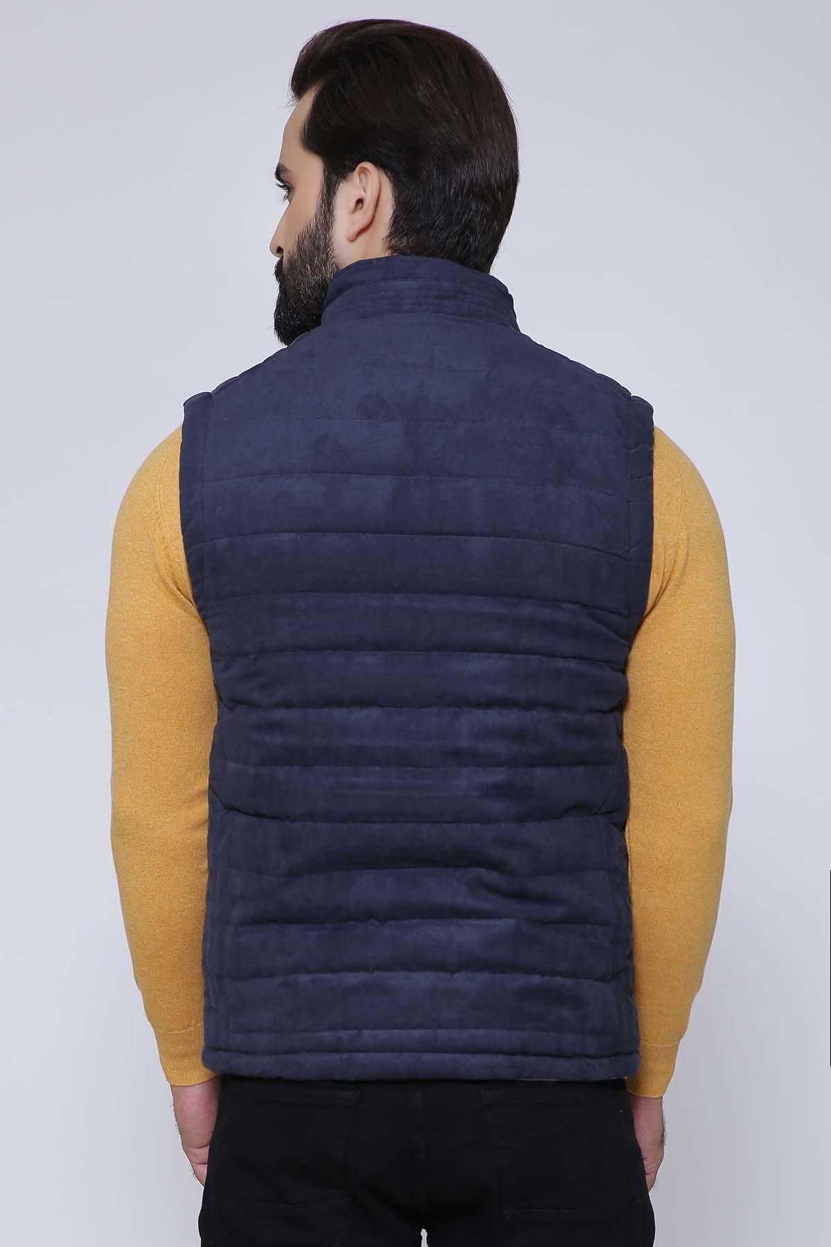Navy padded sleeveless jacket back view with horizontal quilting and stand collar