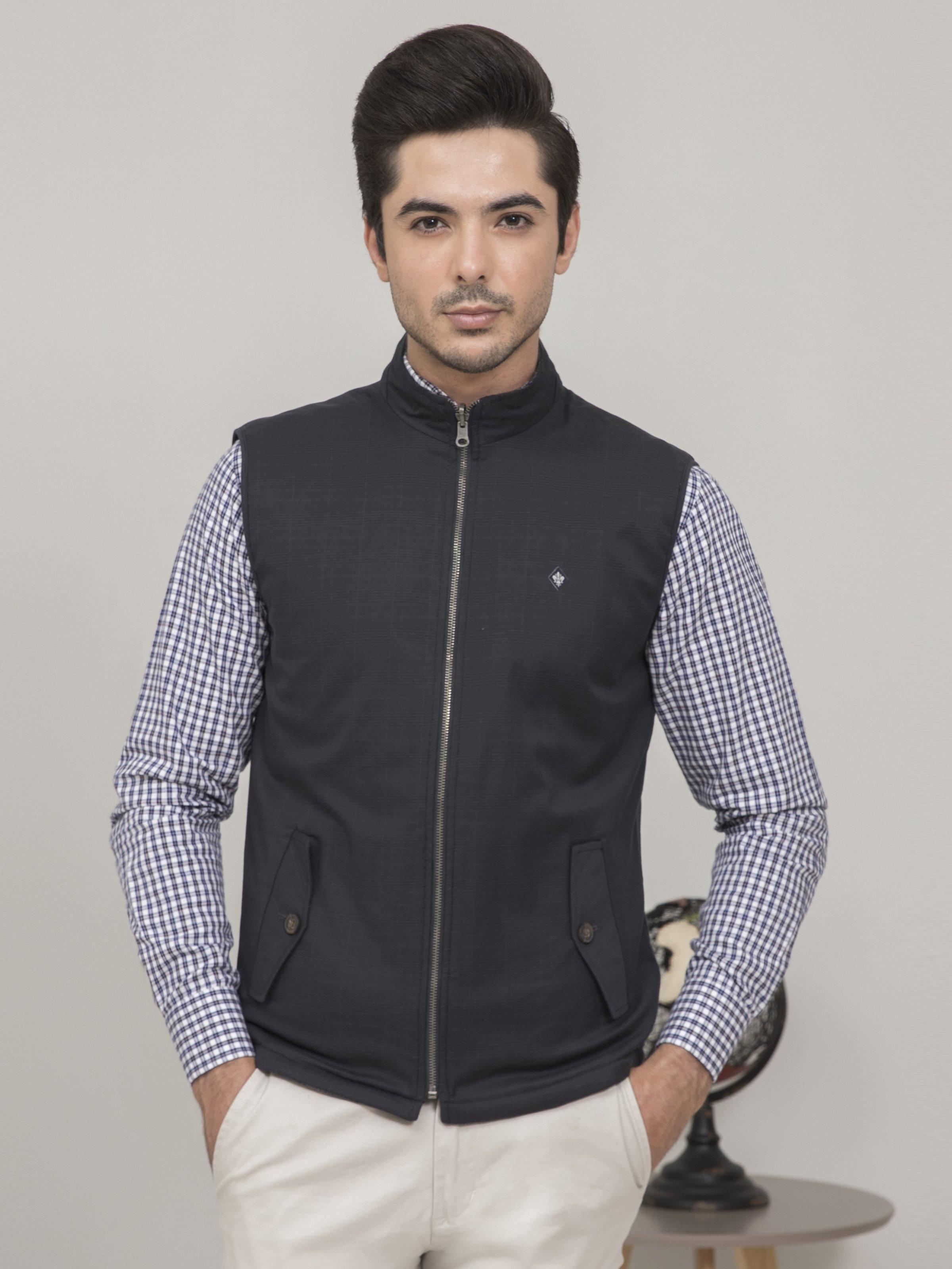 Charcoal black zip-up sleeveless vest with stand collar and two front pockets