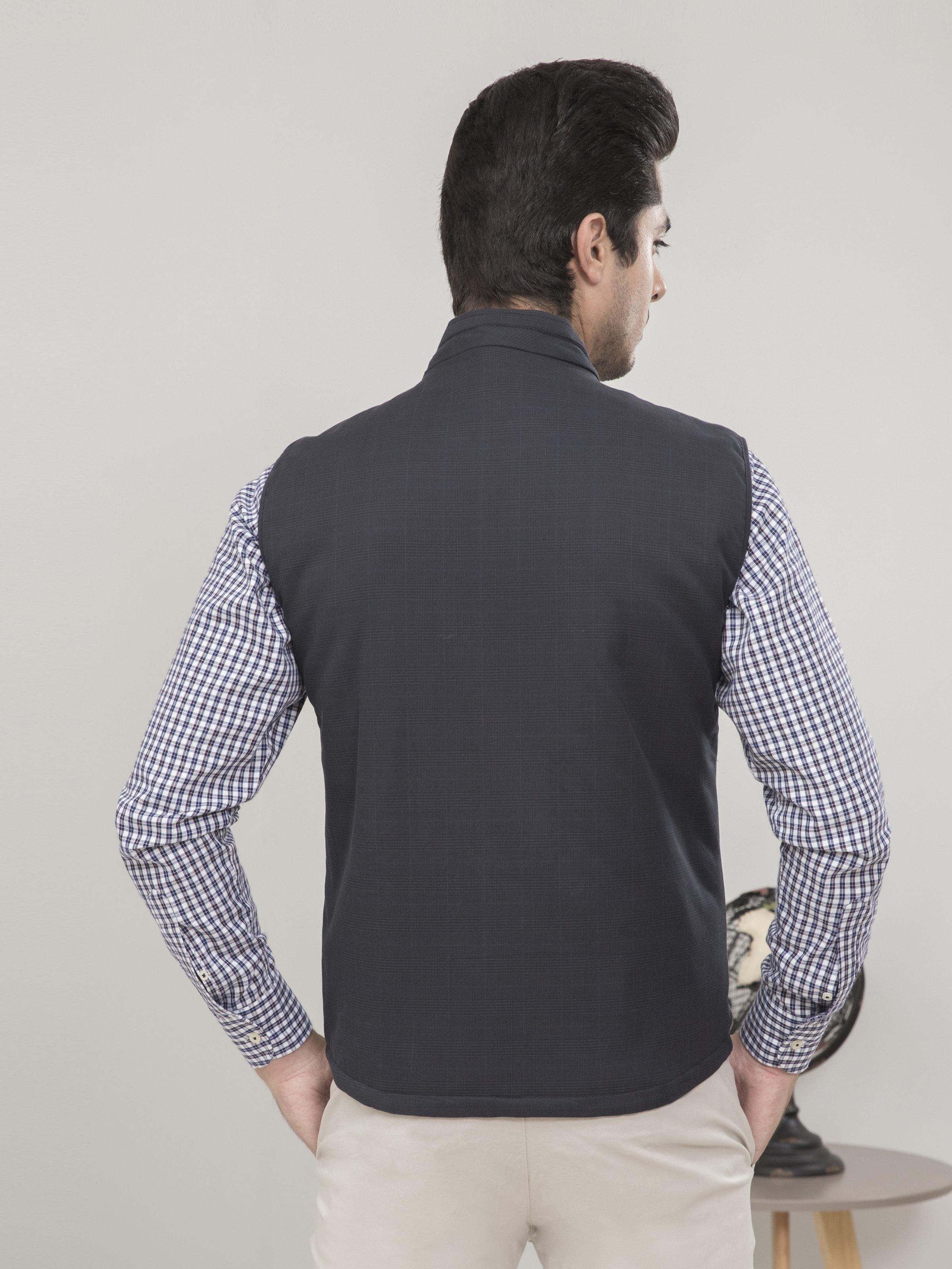 Charcoal black zip-up sleeveless vest, back view