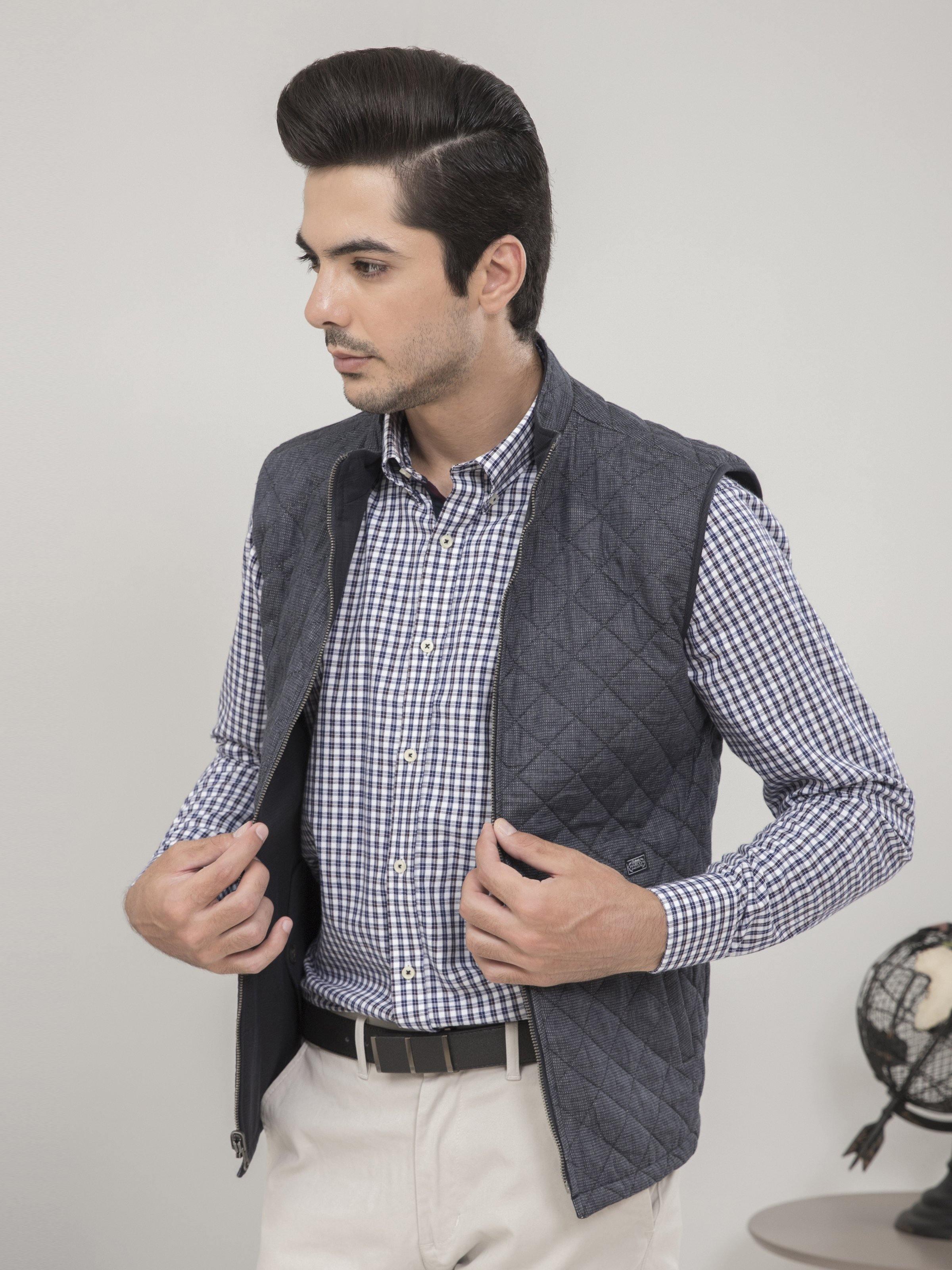 Quilted charcoal black sleeveless vest with front open design