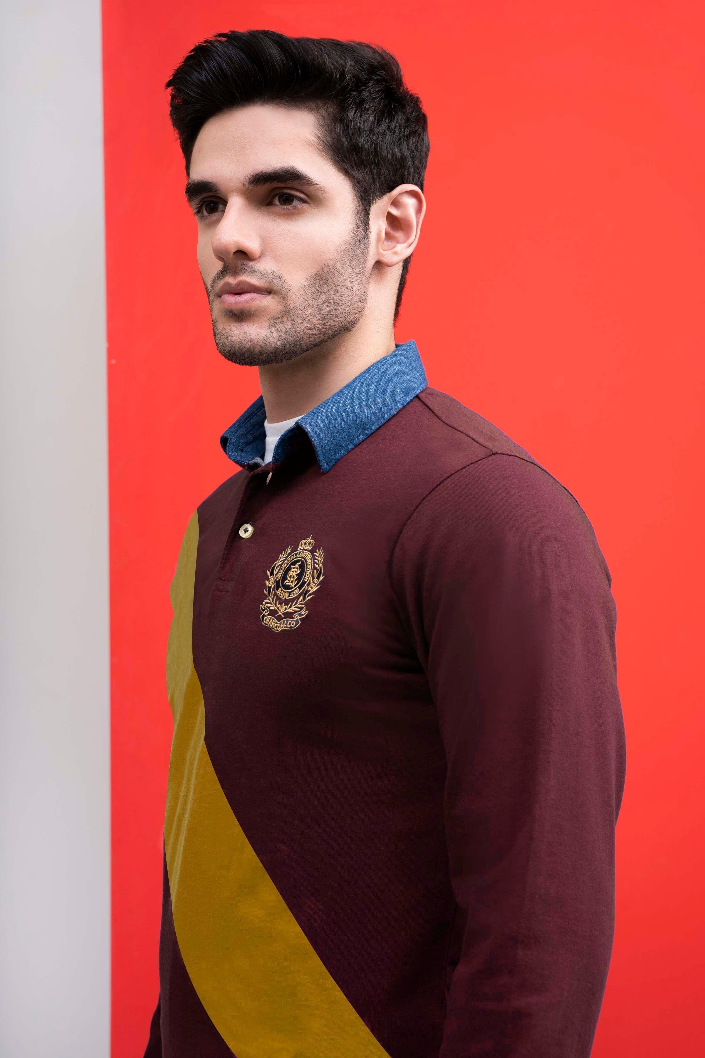 RUGBY DENIM COLLAR SHIRT MAROON at Charcoal Clothing