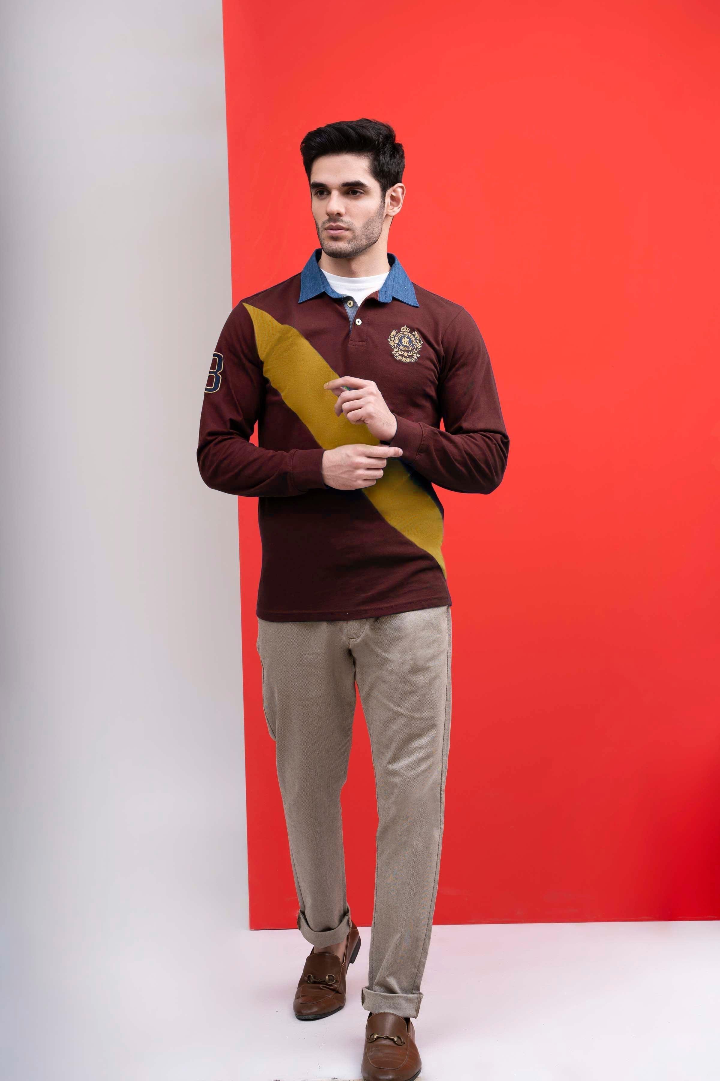 RUGBY DENIM COLLAR SHIRT MAROON at Charcoal Clothing