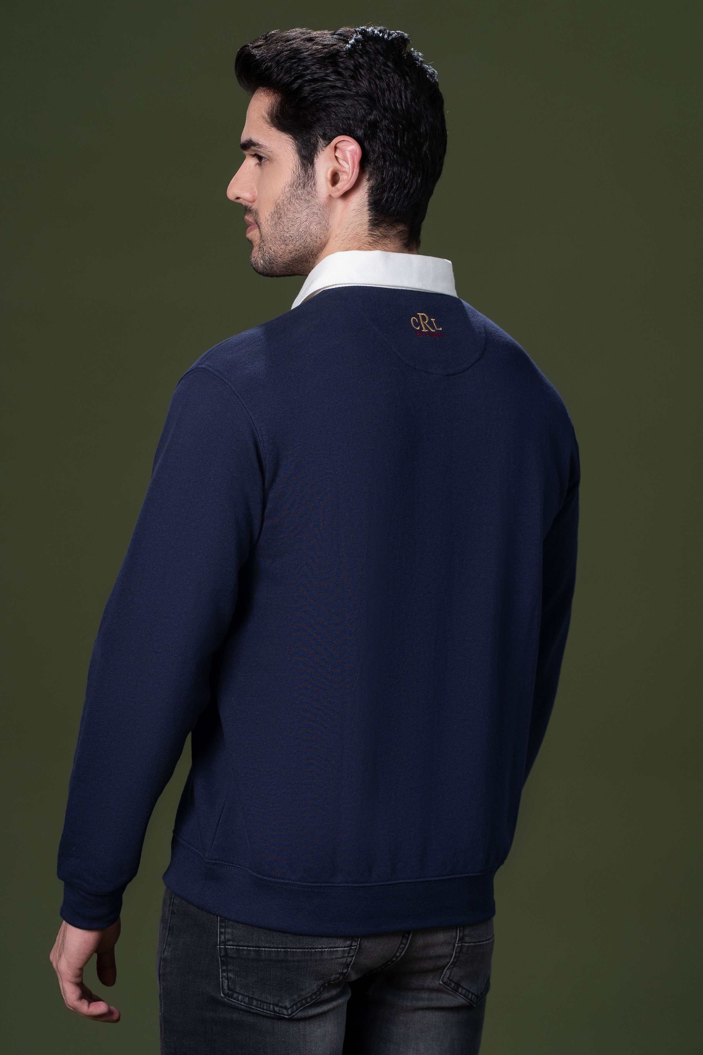 Navy rugby polo shirt back view with CRL logo near collar
