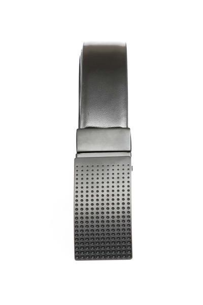 Reversible belt with dark smooth leather and perforated panel, metal buckle keeper