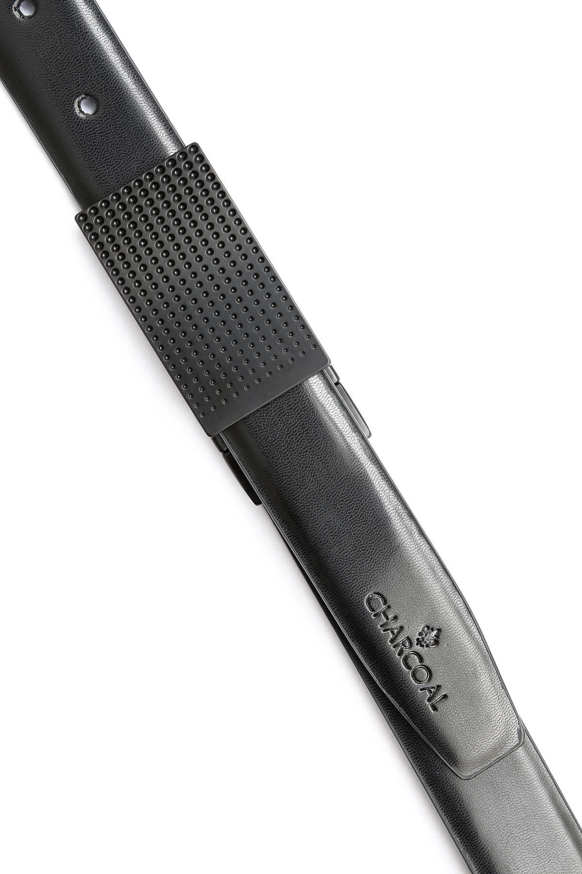 Belt strap with perforated leather section and embossed logo on dark side