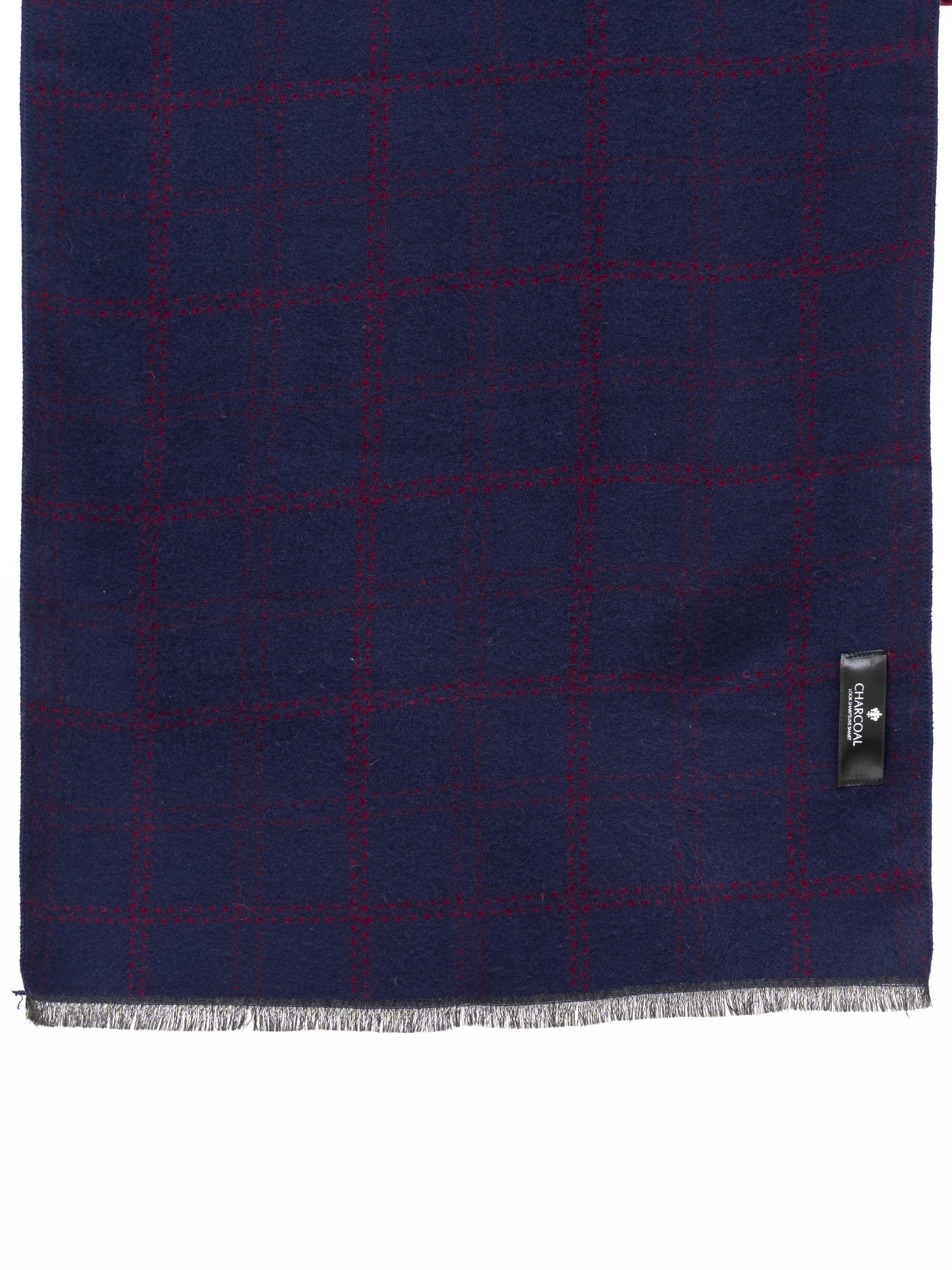 Navy and burgundy check scarf with fringed hem and brand tag