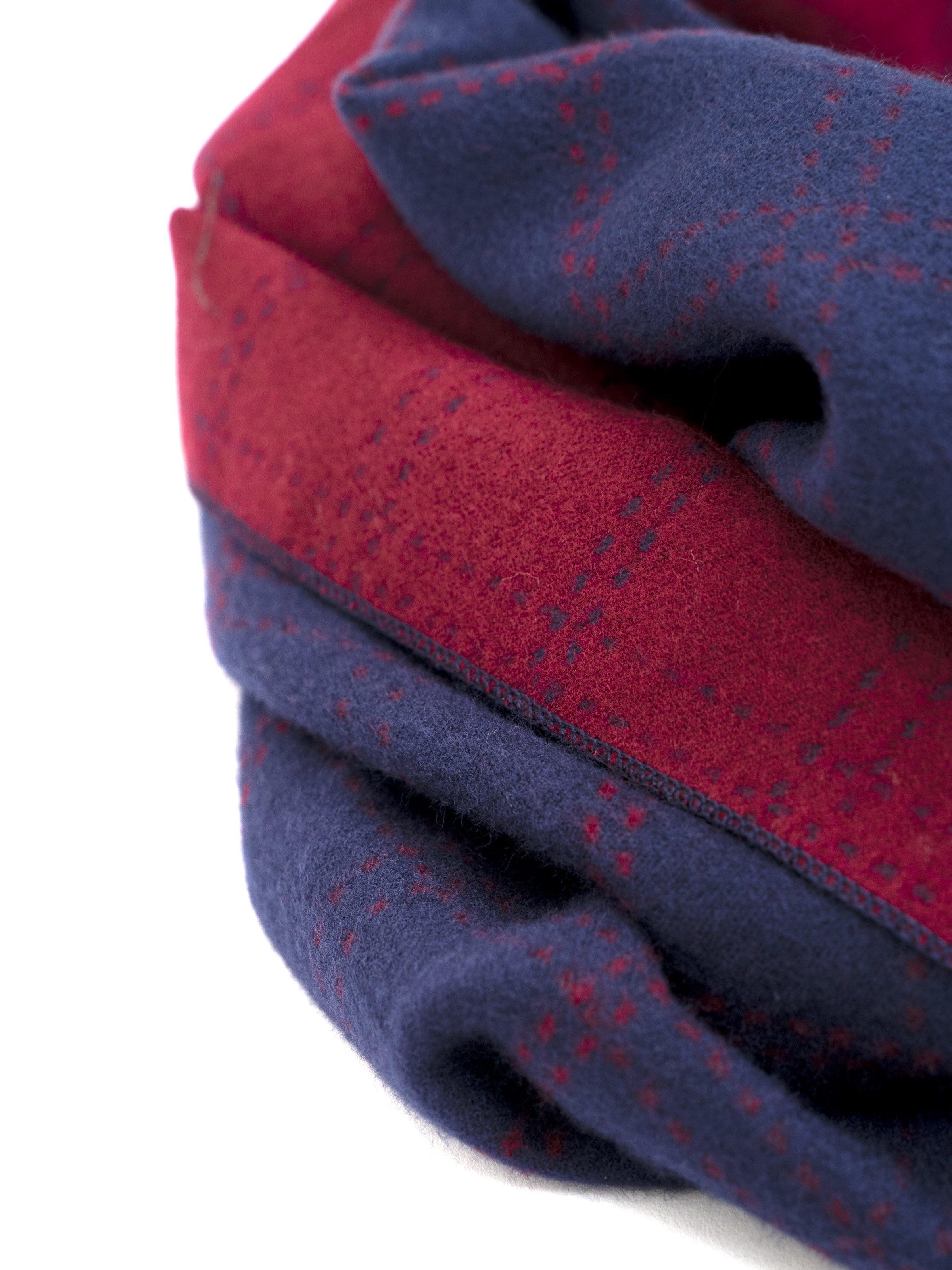 Checked scarf fabric detail in burgundy and navy with woven texture