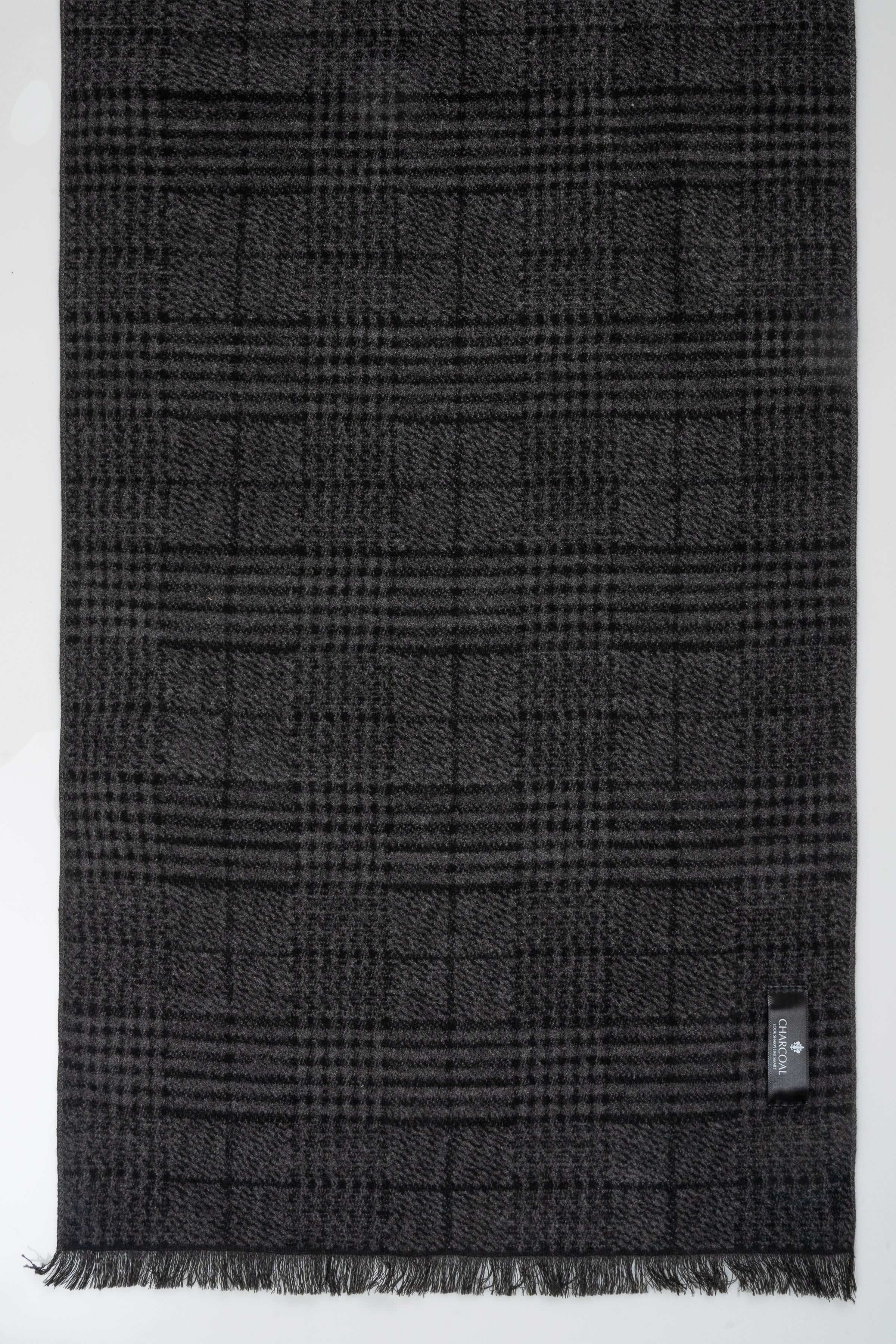 Charcoal plaid scarf detail, woven check pattern