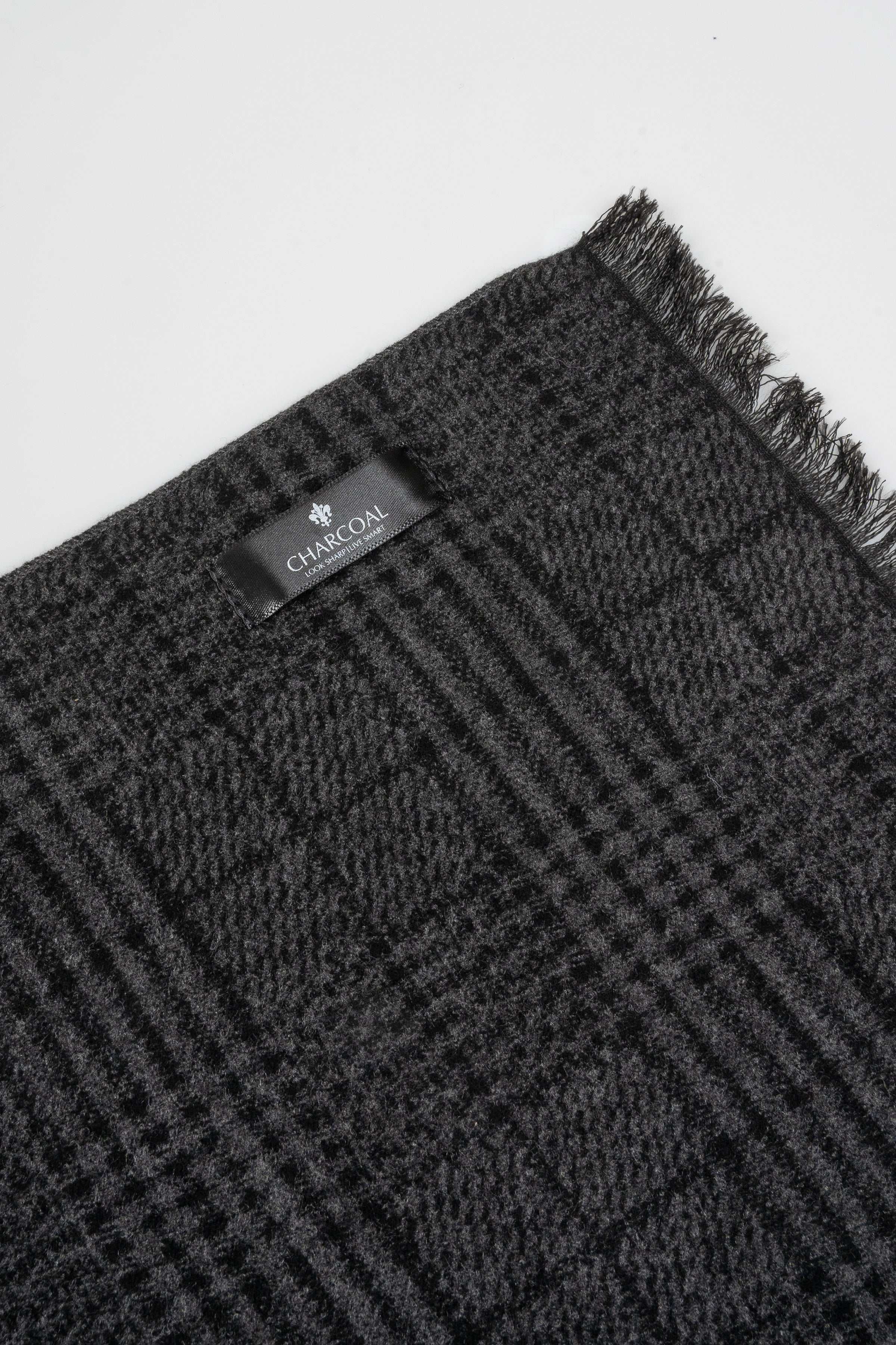 Charcoal plaid scarf with brand label